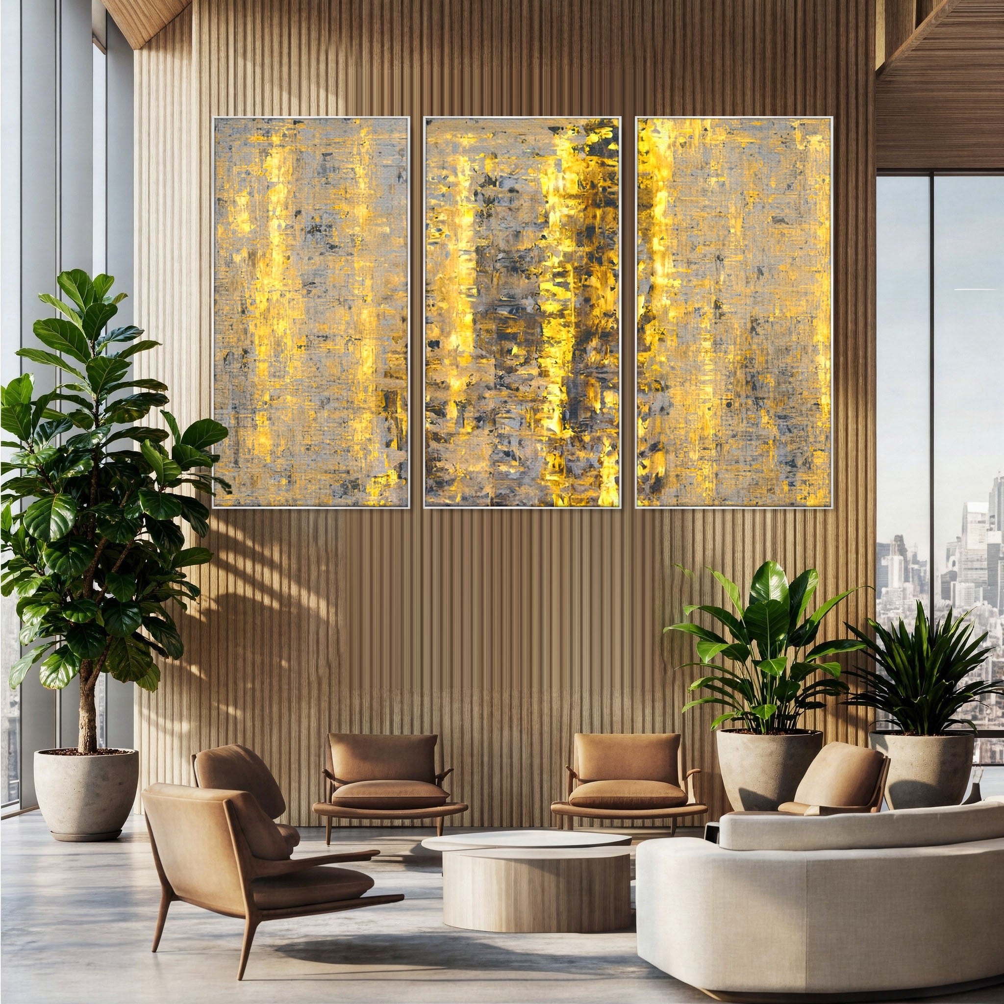 Set 3 Tablouri Canvas Premium LuxCanva® C3-1058, Gold And Brown Painting Abstract, Gold And Brown Painting Abstract, Dining Room, Living Room, Relaxare, Culori Vibrante