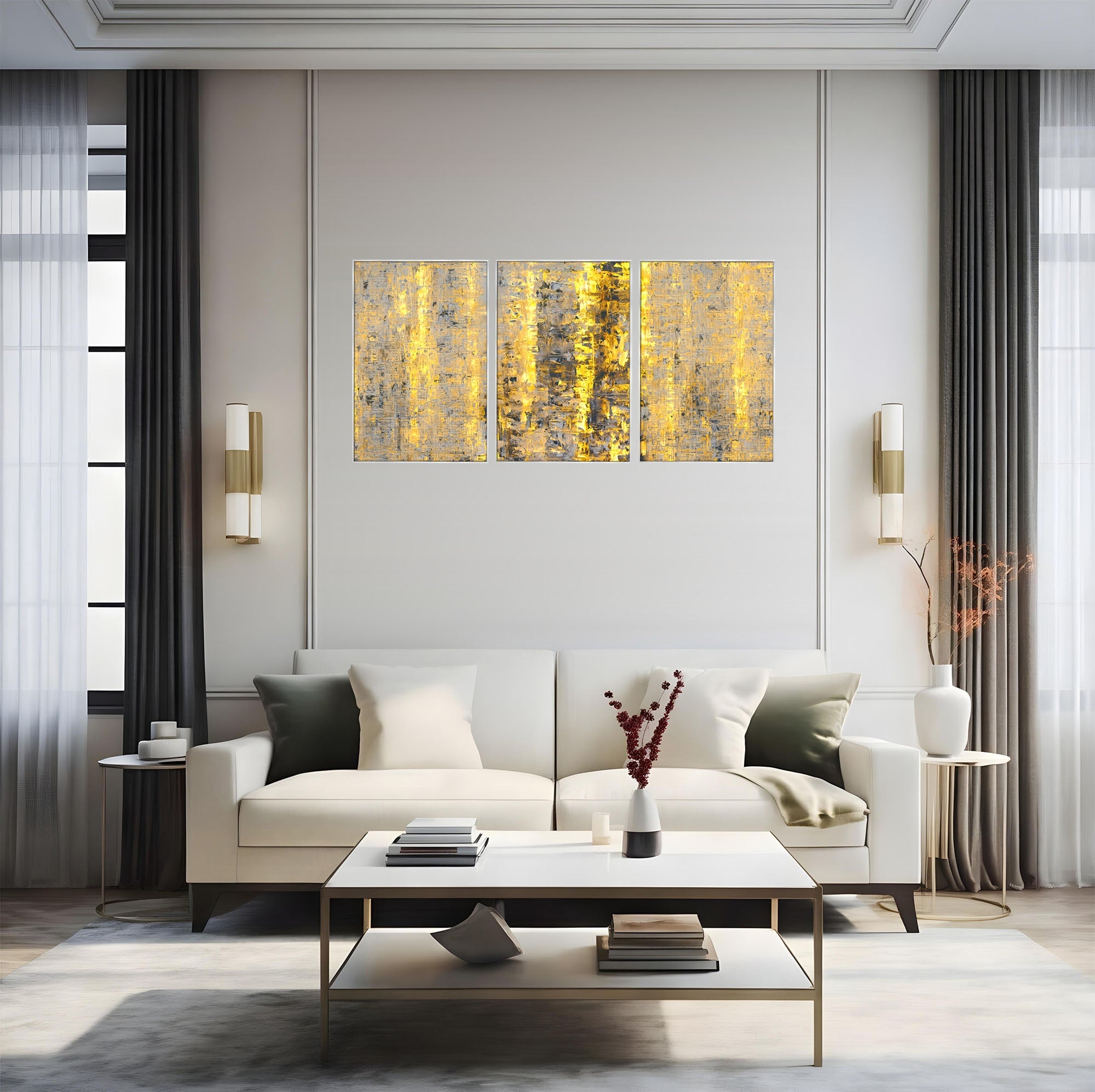 Set 3 Tablouri Canvas Premium LuxCanva® C3-1058, Gold And Brown Painting Abstract, Gold And Brown Painting Abstract, Dining Room, Living Room, Relaxare, Culori Vibrante