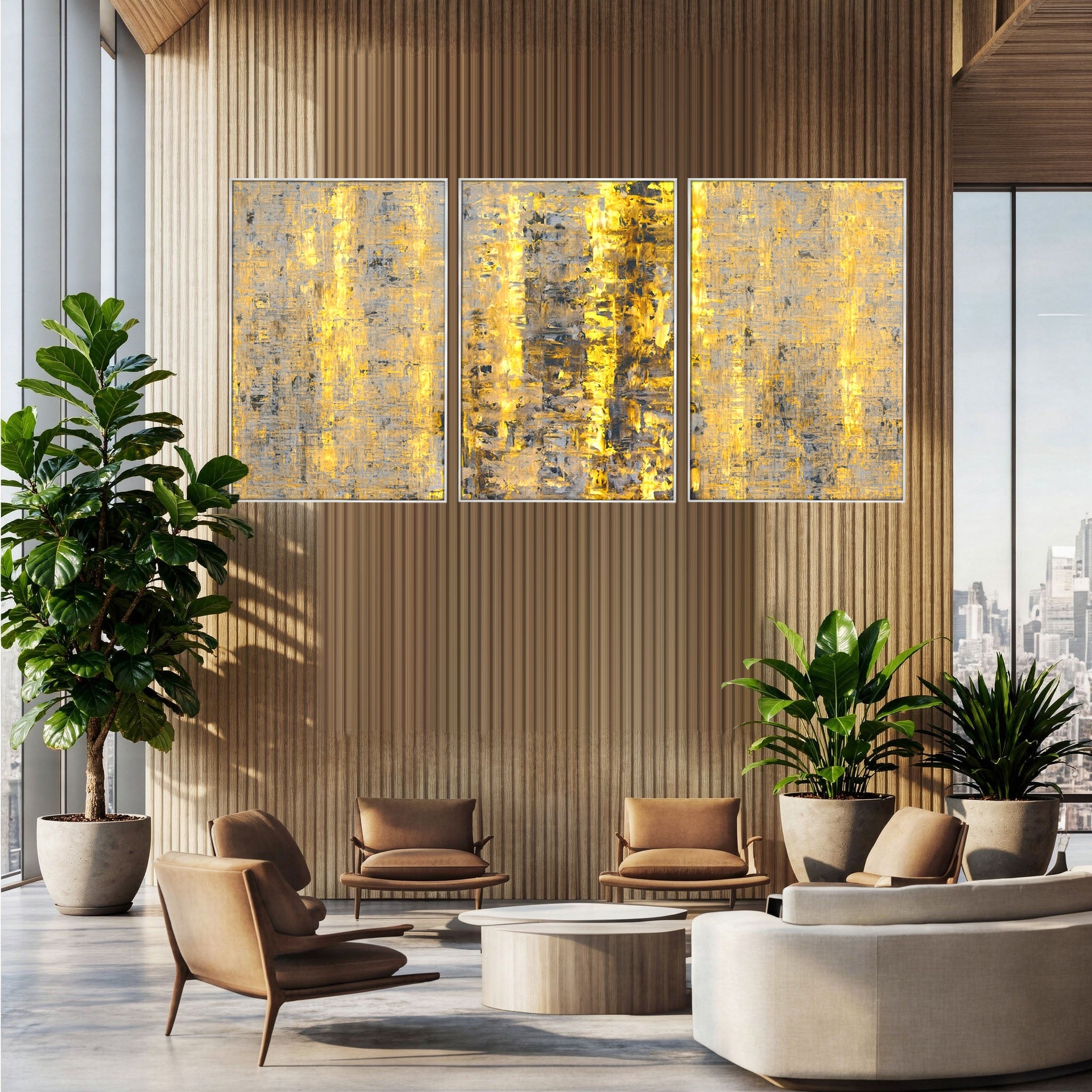 Set 3 Tablouri Canvas Premium LuxCanva® C3-1058, Gold And Brown Painting Abstract, Gold And Brown Painting Abstract, Dining Room, Living Room, Relaxare, Culori Vibrante