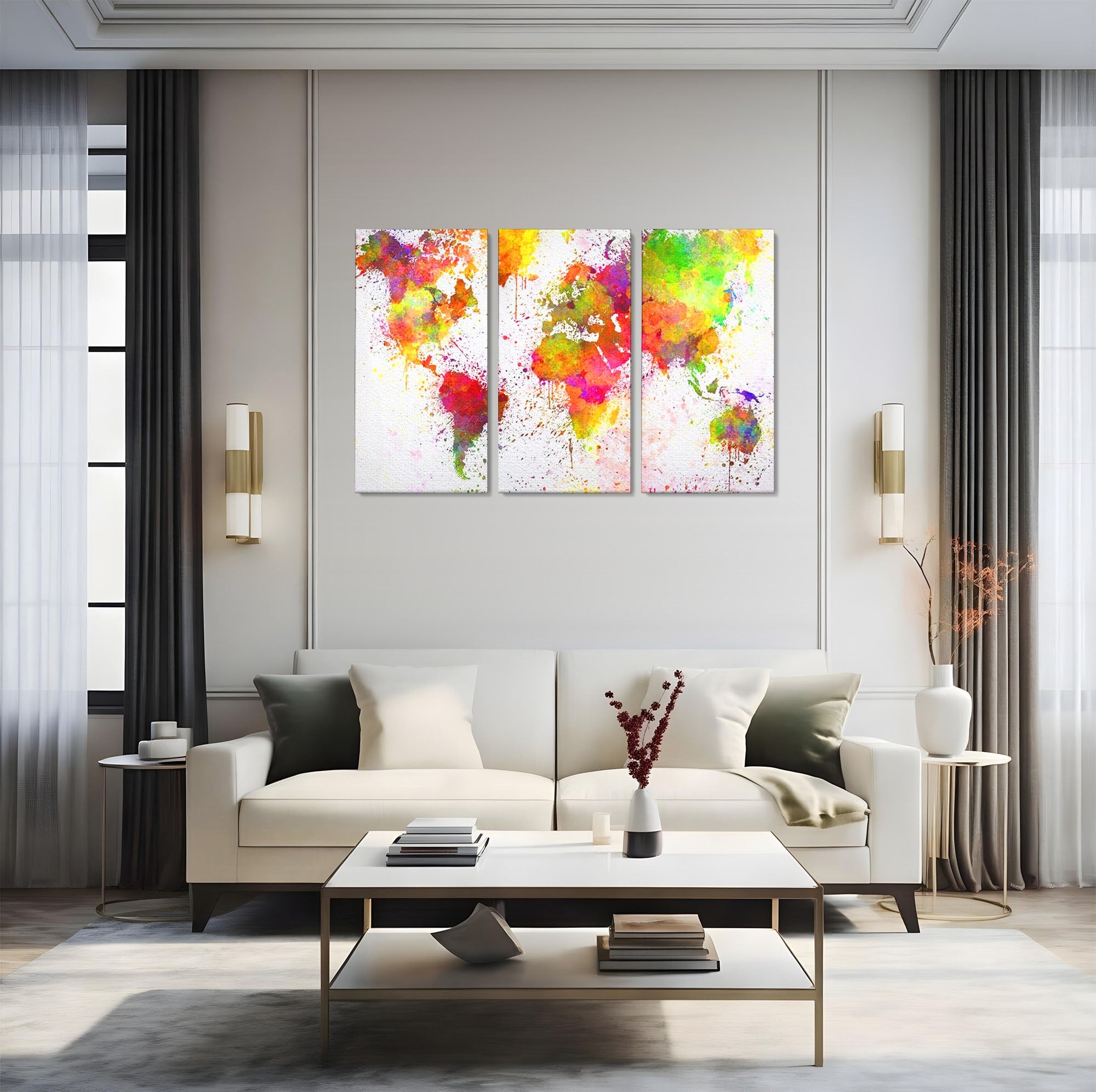 Set 3 Tablouri Canvas Premium LuxCanva® C3-1081, Harta Lumii In Culori, Inspirational, Calatorie, Motivational, Living Room, Office, Relaxare, Culori Vibrante