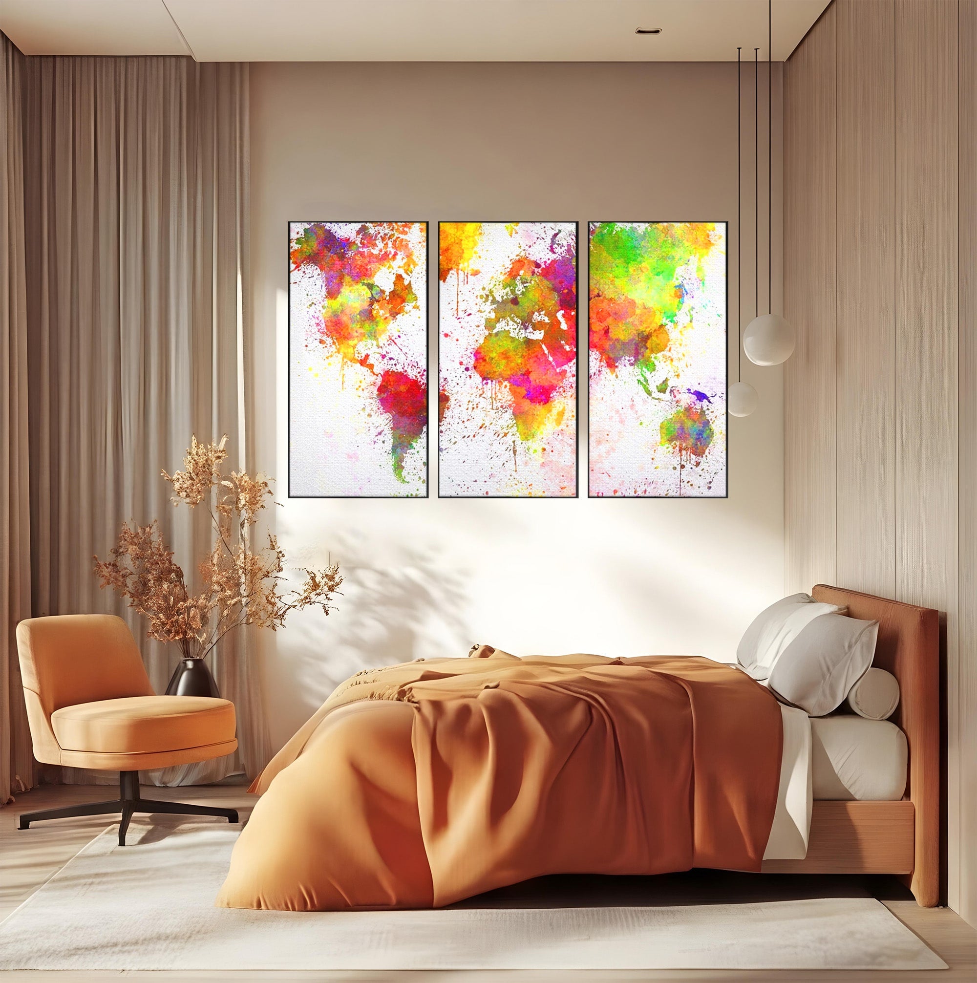 Set 3 Tablouri Canvas Premium LuxCanva® C3-1081, Harta Lumii In Culori, Inspirational, Calatorie, Motivational, Living Room, Office, Relaxare, Culori Vibrante