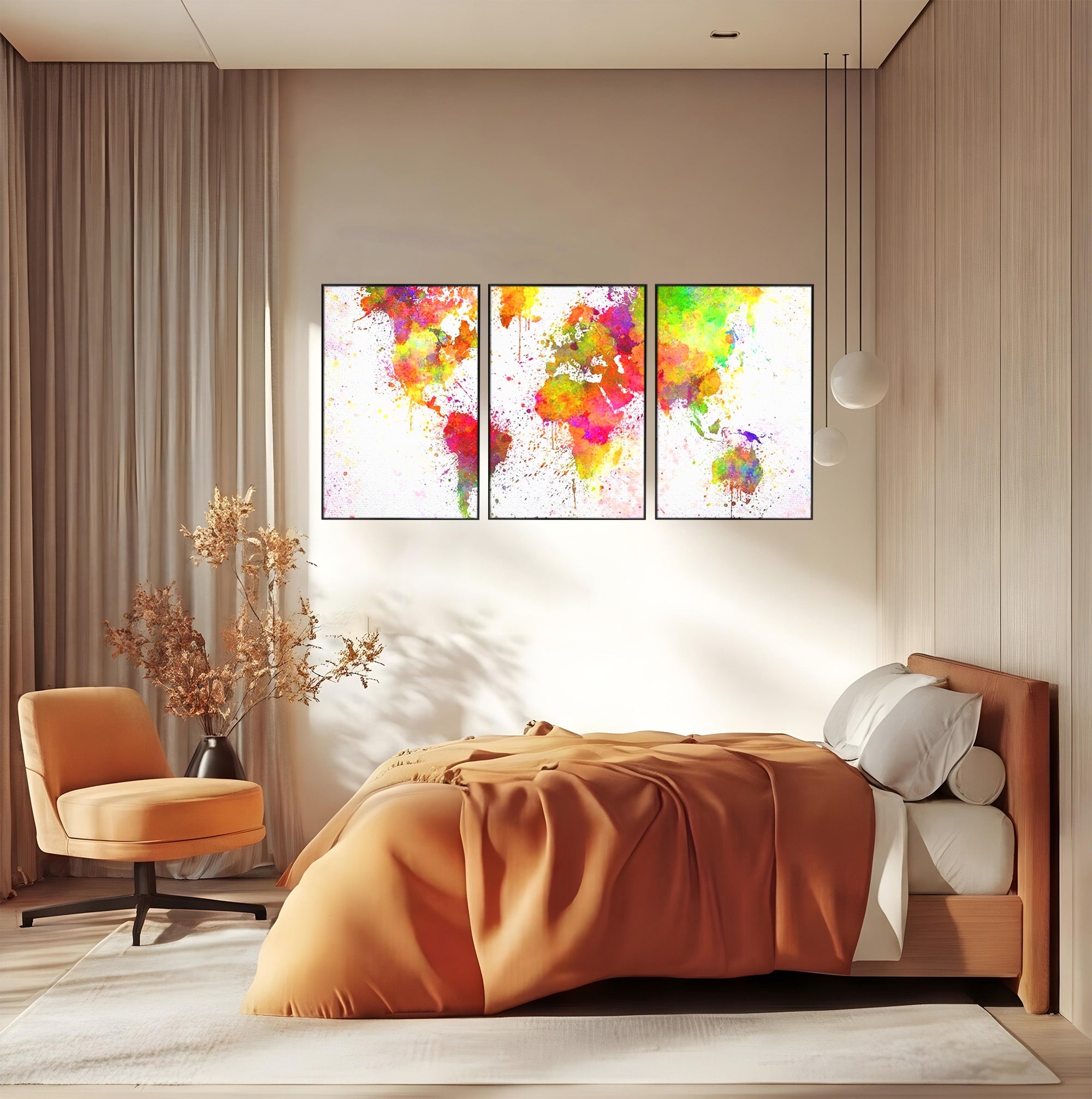 Set 3 Tablouri Canvas Premium LuxCanva® C3-1081, Harta Lumii In Culori, Inspirational, Calatorie, Motivational, Living Room, Office, Relaxare, Culori Vibrante