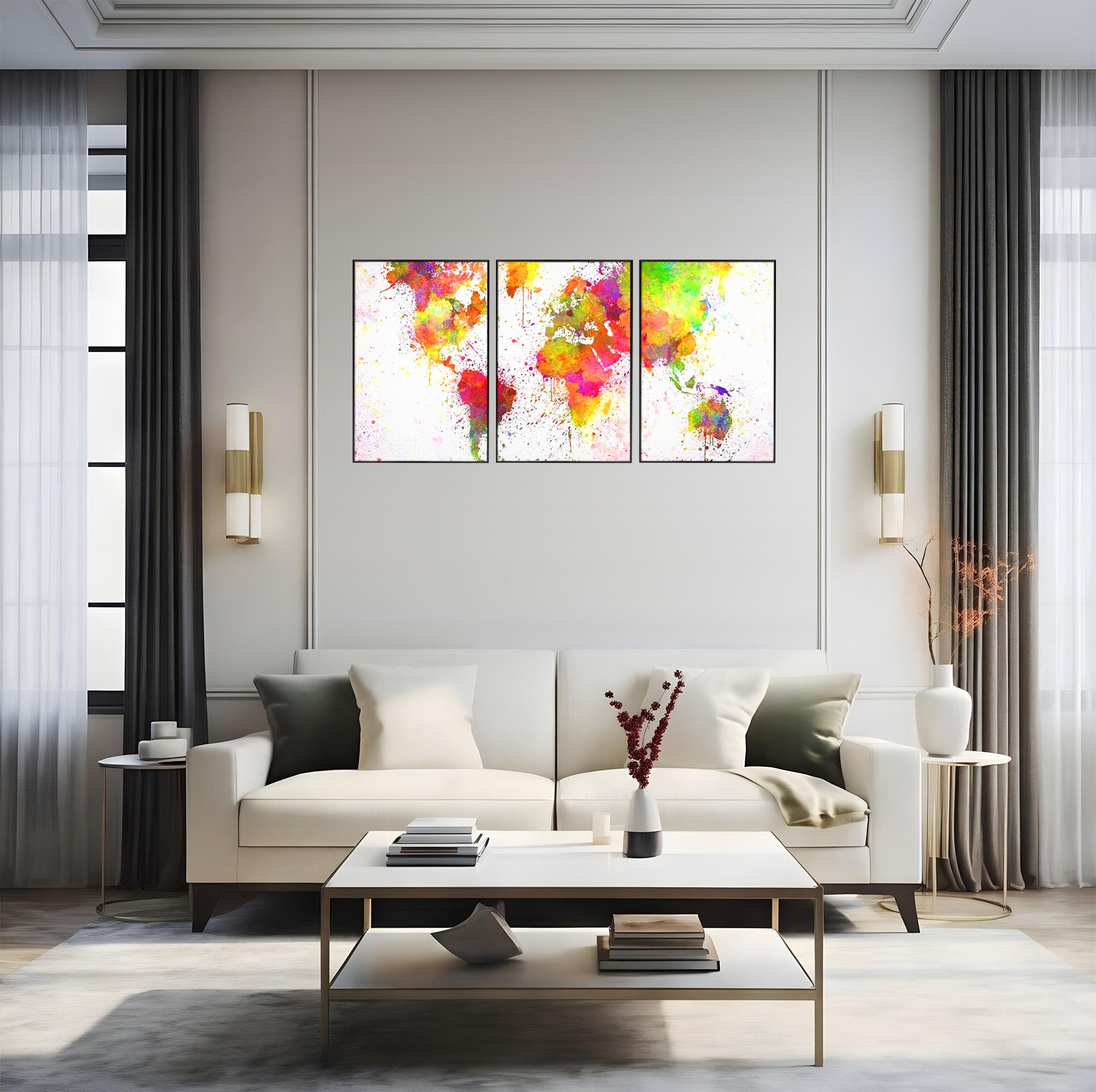 Set 3 Tablouri Canvas Premium LuxCanva® C3-1081, Harta Lumii In Culori, Inspirational, Calatorie, Motivational, Living Room, Office, Relaxare, Culori Vibrante