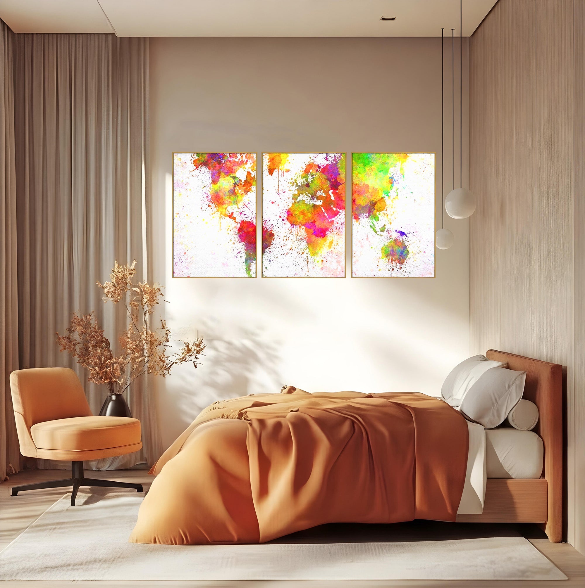 Set 3 Tablouri Canvas Premium LuxCanva® C3-1081, Harta Lumii In Culori, Inspirational, Calatorie, Motivational, Living Room, Office, Relaxare, Culori Vibrante
