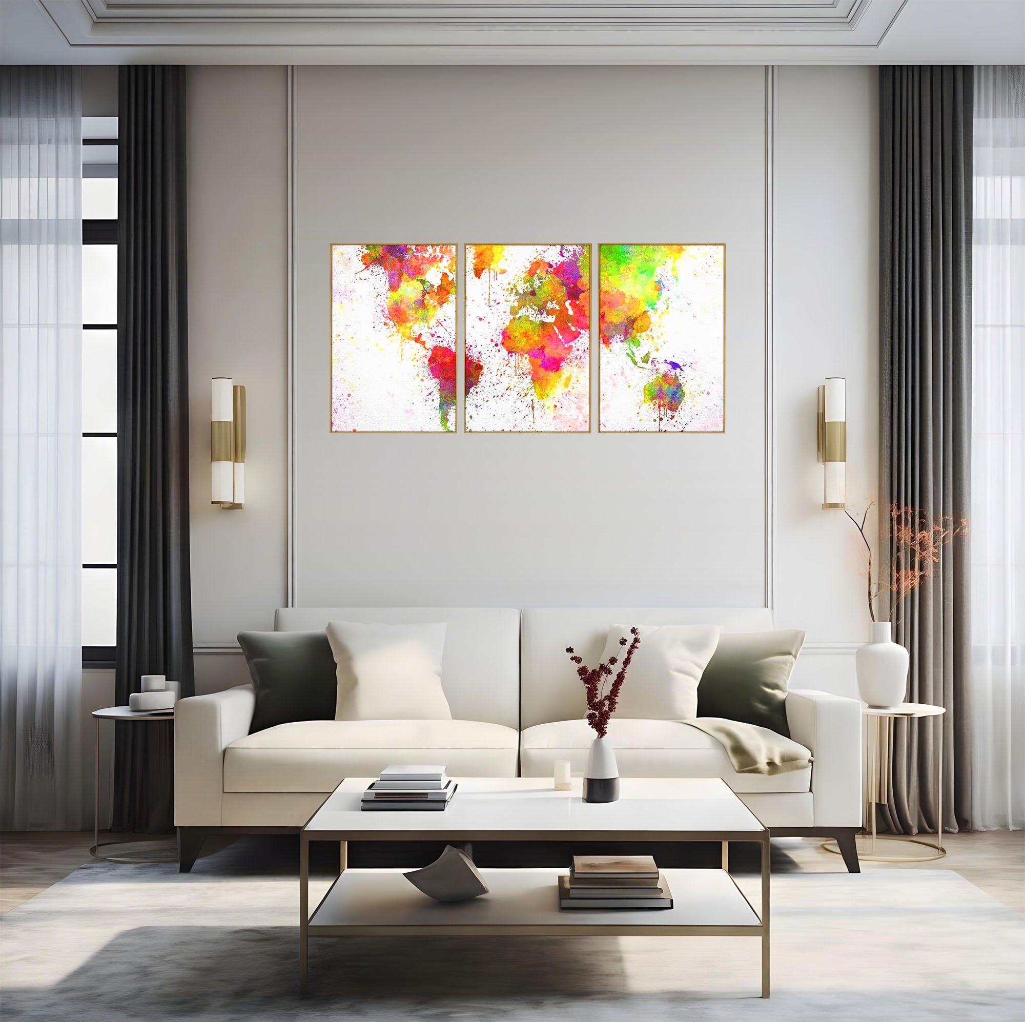 Set 3 Tablouri Canvas Premium LuxCanva® C3-1081, Harta Lumii In Culori, Inspirational, Calatorie, Motivational, Living Room, Office, Relaxare, Culori Vibrante