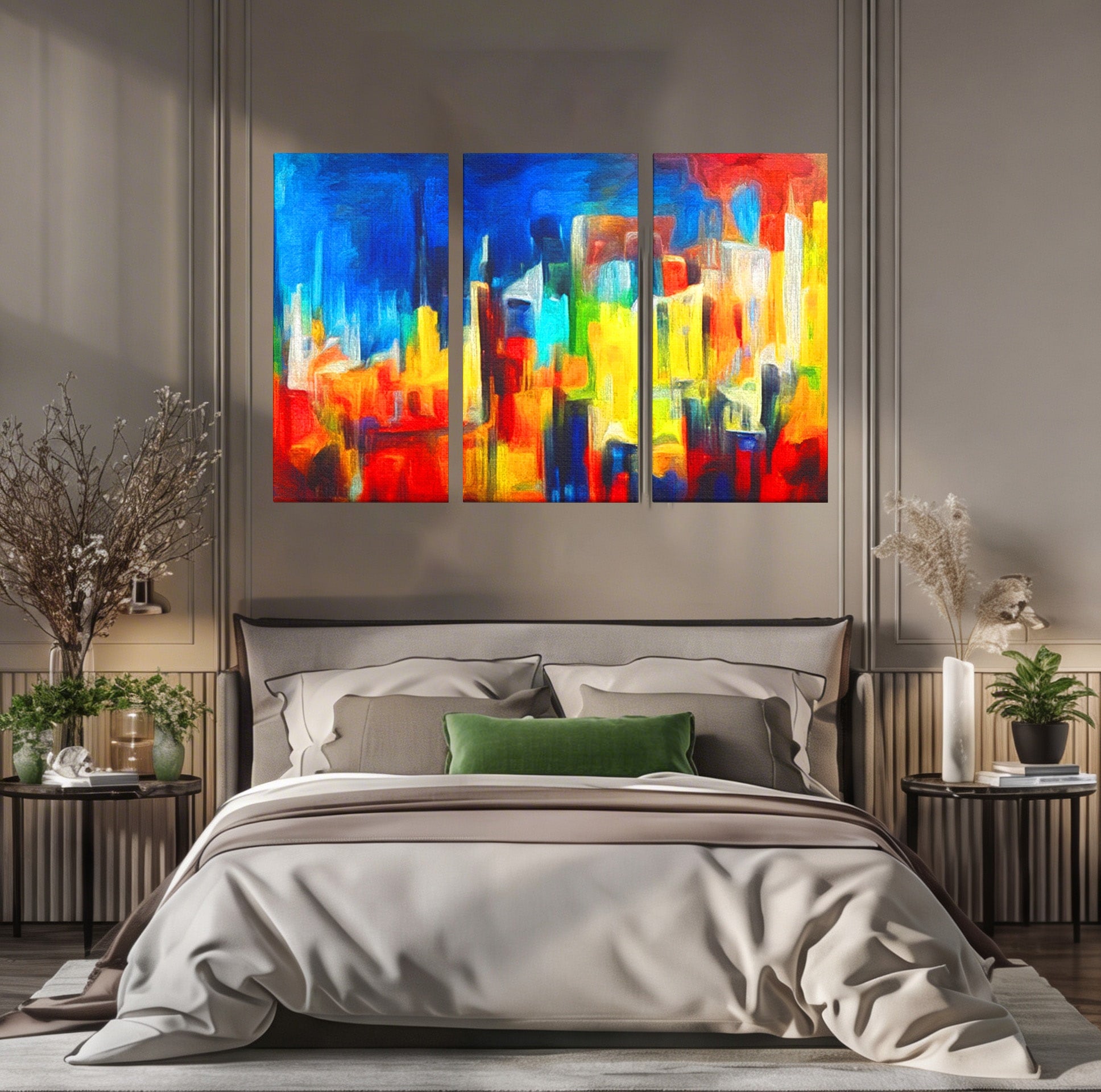 Set 3 Tablouri Canvas Premium LuxCanva® C3-1098, Downtown Painting Abstract, Buildings, Abstract, Living Room, Bedroom, Relaxare, Culori Vibrante