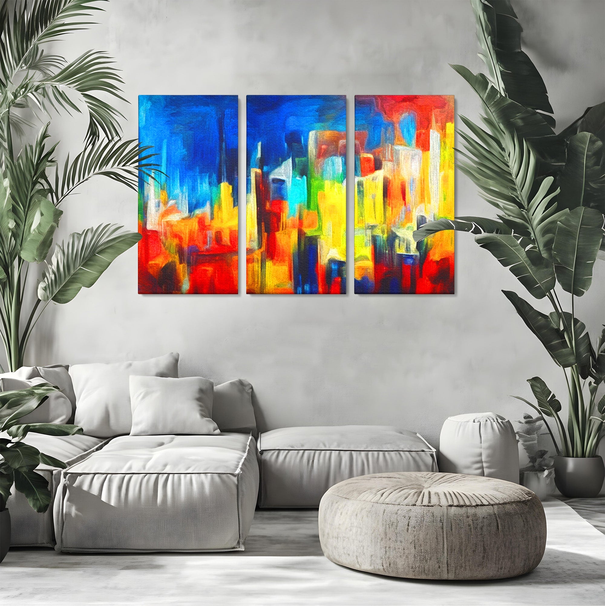 Set 3 Tablouri Canvas Premium LuxCanva® C3-1098, Downtown Painting Abstract, Buildings, Abstract, Living Room, Bedroom, Relaxare, Culori Vibrante