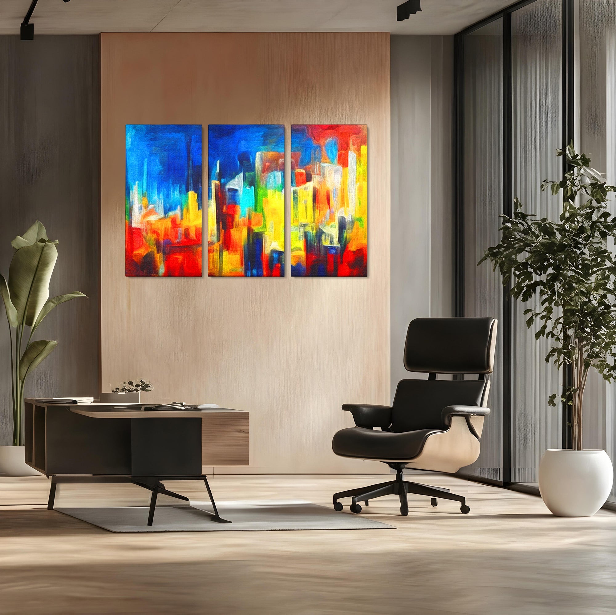 Set 3 Tablouri Canvas Premium LuxCanva® C3-1098, Downtown Painting Abstract, Buildings, Abstract, Living Room, Bedroom, Relaxare, Culori Vibrante