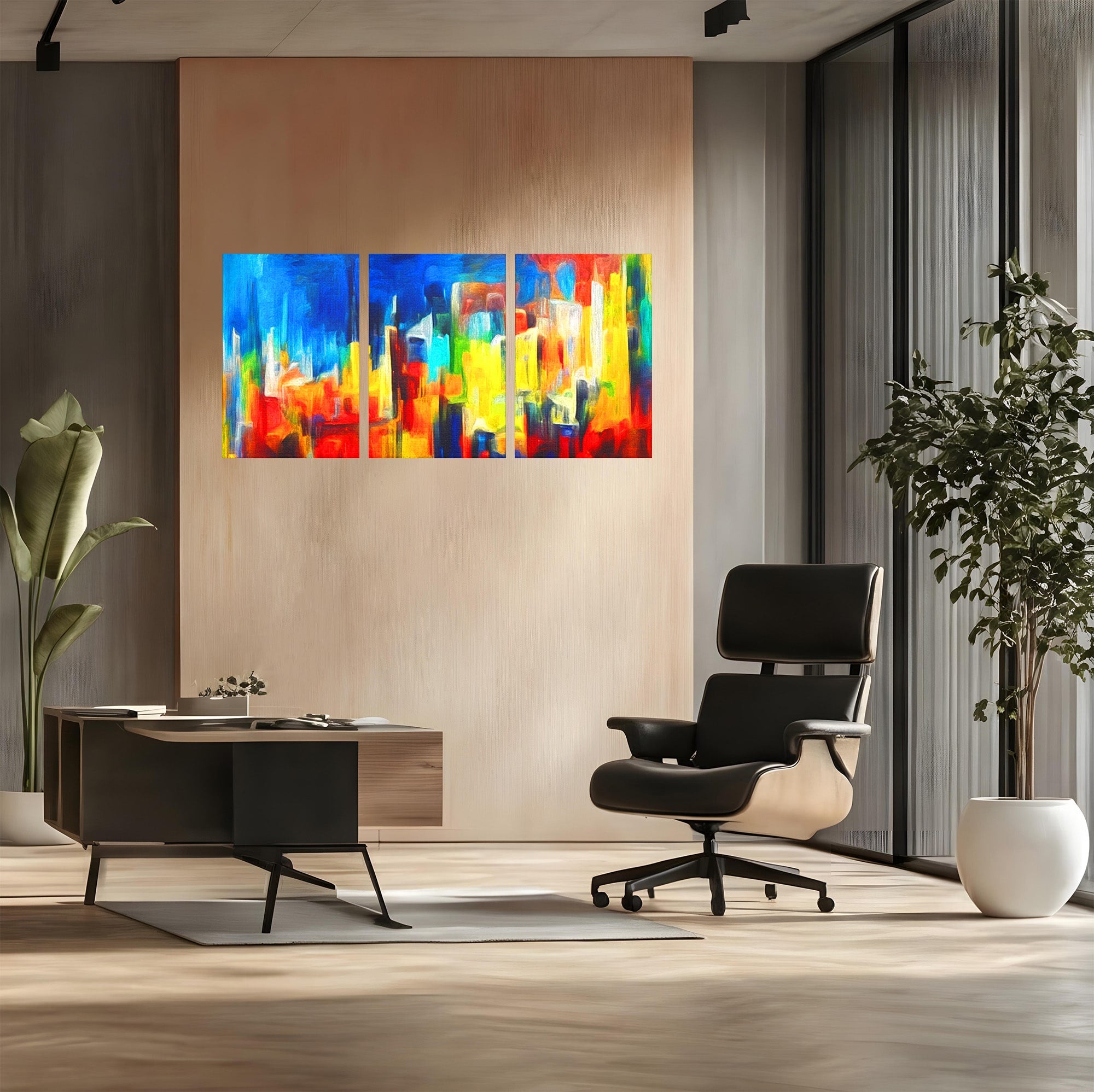 Set 3 Tablouri Canvas Premium LuxCanva® C3-1098, Downtown Painting Abstract, Buildings, Abstract, Living Room, Bedroom, Relaxare, Culori Vibrante