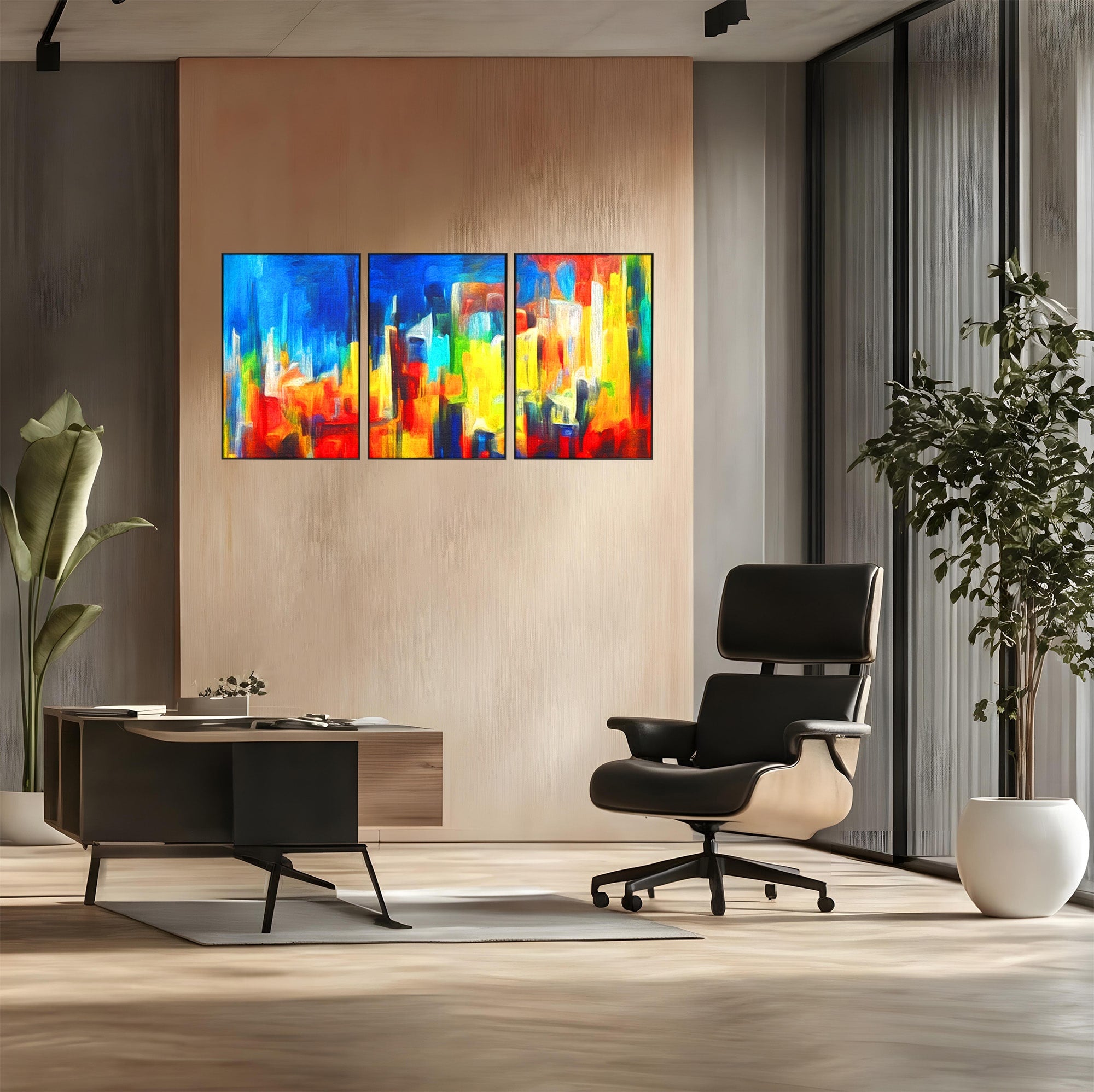 Set 3 Tablouri Canvas Premium LuxCanva® C3-1098, Downtown Painting Abstract, Buildings, Abstract, Living Room, Bedroom, Relaxare, Culori Vibrante
