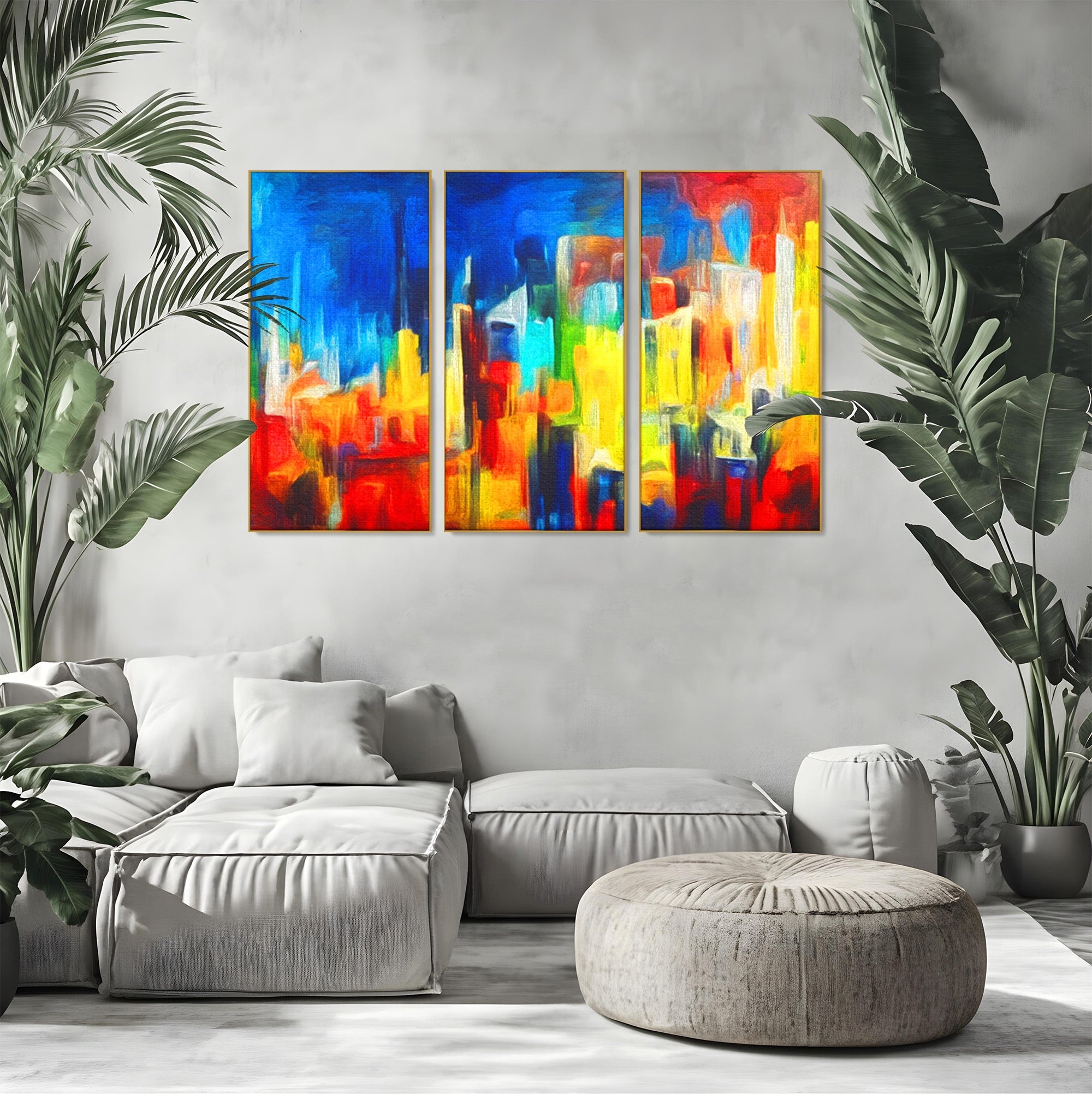 Set 3 Tablouri Canvas Premium LuxCanva® C3-1098, Downtown Painting Abstract, Buildings, Abstract, Living Room, Bedroom, Relaxare, Culori Vibrante