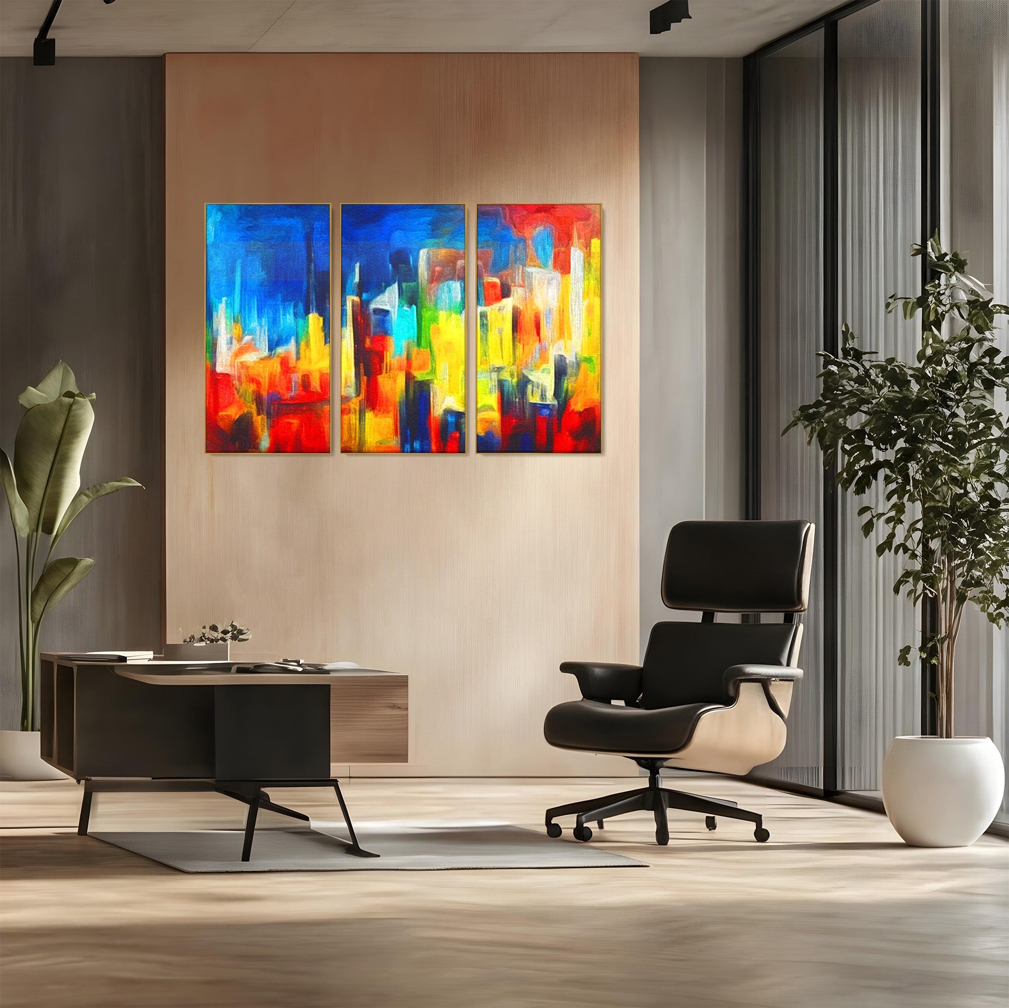 Set 3 Tablouri Canvas Premium LuxCanva® C3-1098, Downtown Painting Abstract, Buildings, Abstract, Living Room, Bedroom, Relaxare, Culori Vibrante