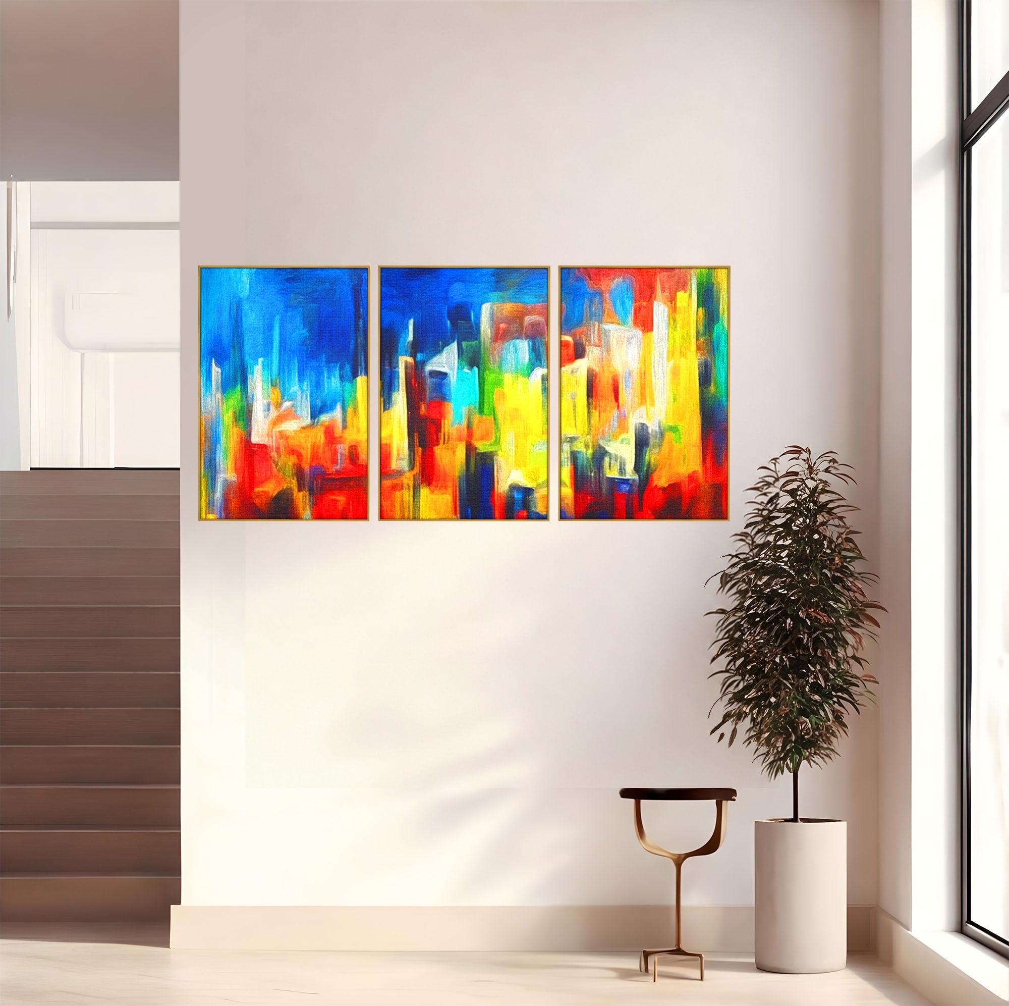 Set 3 Tablouri Canvas Premium LuxCanva® C3-1098, Downtown Painting Abstract, Buildings, Abstract, Living Room, Bedroom, Relaxare, Culori Vibrante