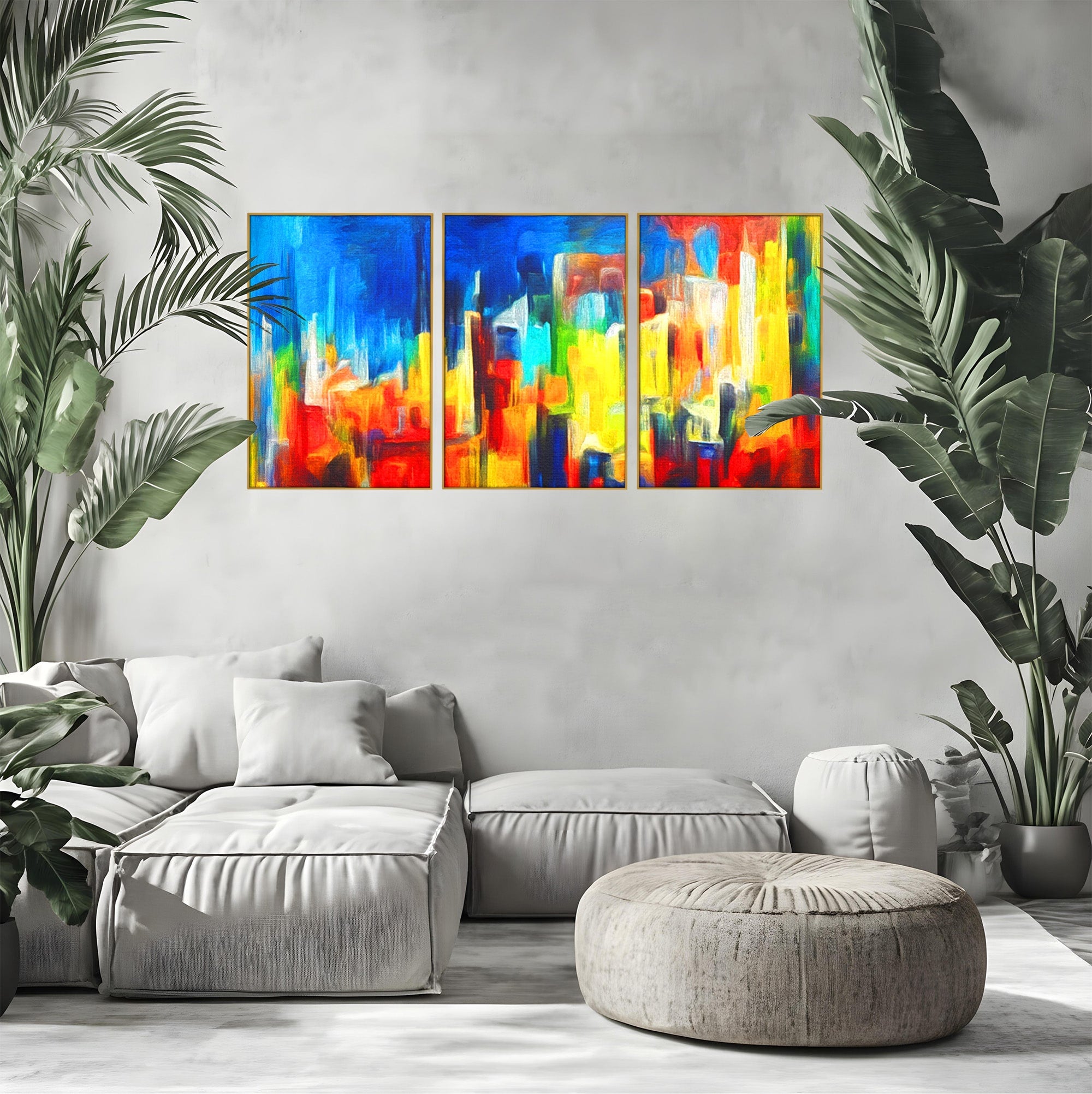 Set 3 Tablouri Canvas Premium LuxCanva® C3-1098, Downtown Painting Abstract, Buildings, Abstract, Living Room, Bedroom, Relaxare, Culori Vibrante
