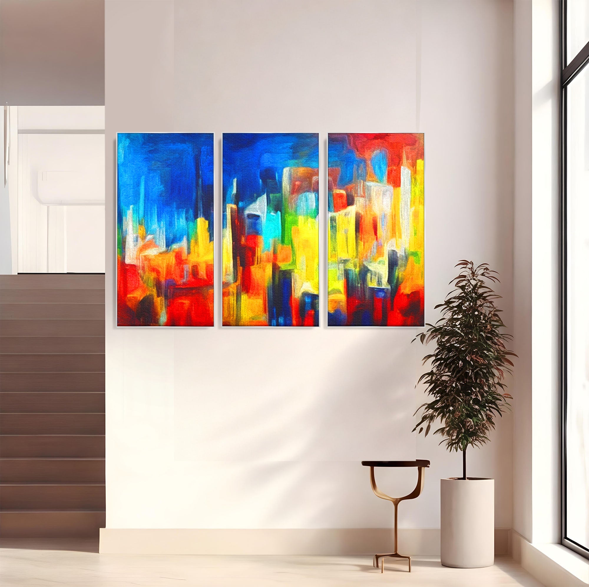 Set 3 Tablouri Canvas Premium LuxCanva® C3-1098, Downtown Painting Abstract, Buildings, Abstract, Living Room, Bedroom, Relaxare, Culori Vibrante