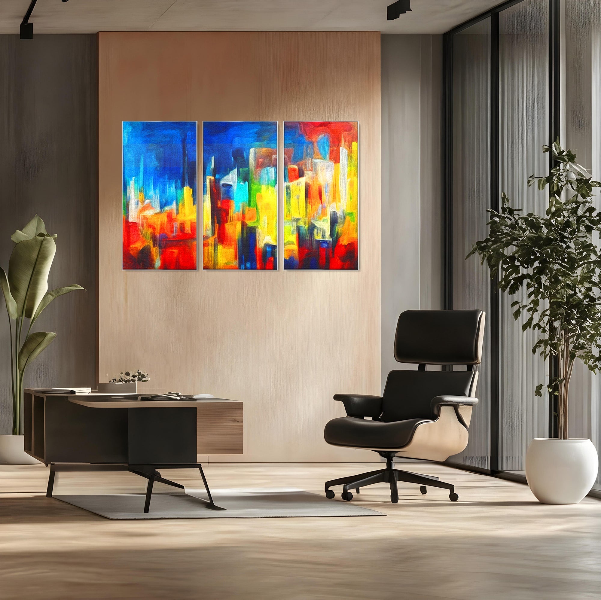 Set 3 Tablouri Canvas Premium LuxCanva® C3-1098, Downtown Painting Abstract, Buildings, Abstract, Living Room, Bedroom, Relaxare, Culori Vibrante