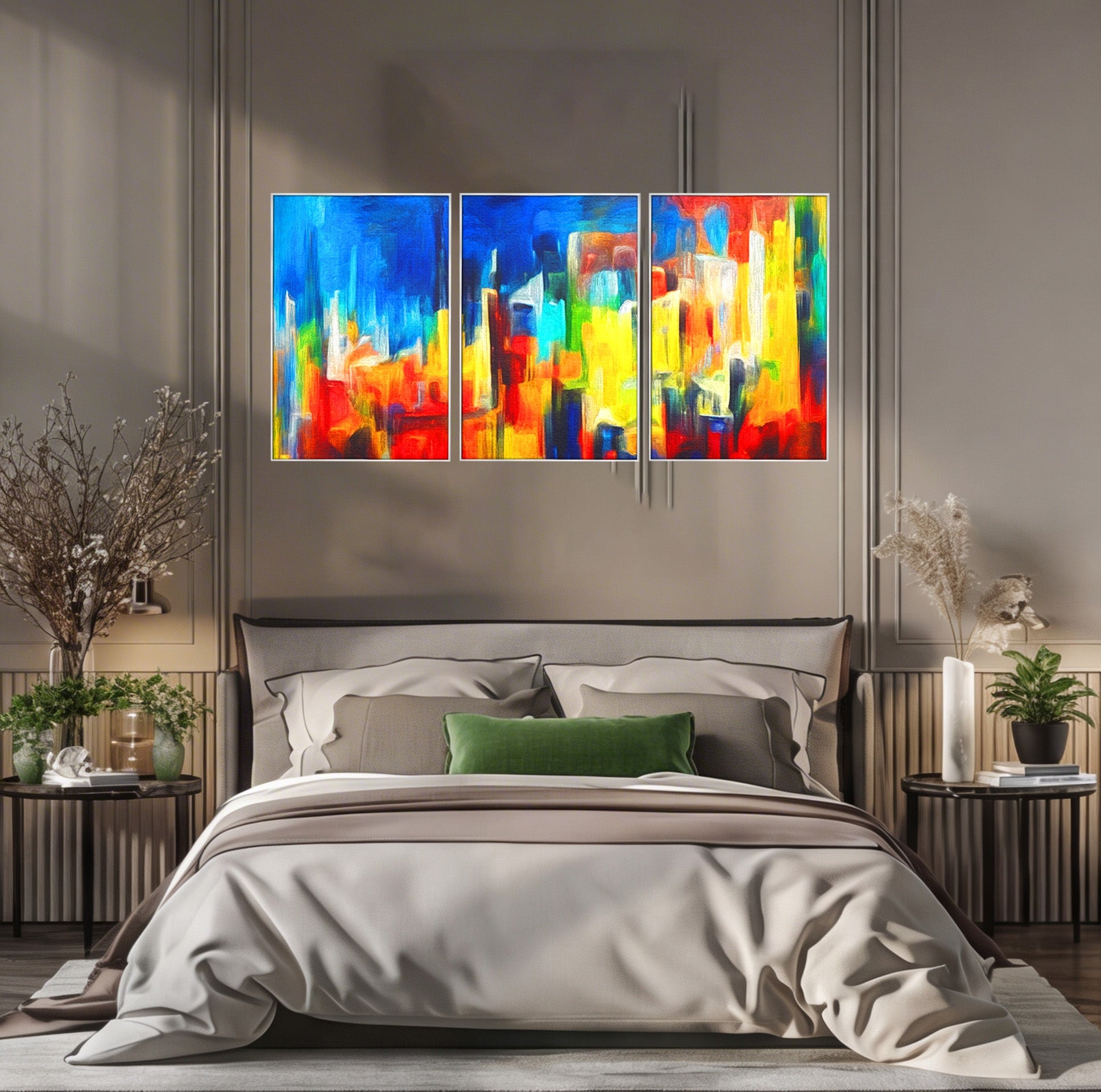 Set 3 Tablouri Canvas Premium LuxCanva® C3-1098, Downtown Painting Abstract, Buildings, Abstract, Living Room, Bedroom, Relaxare, Culori Vibrante