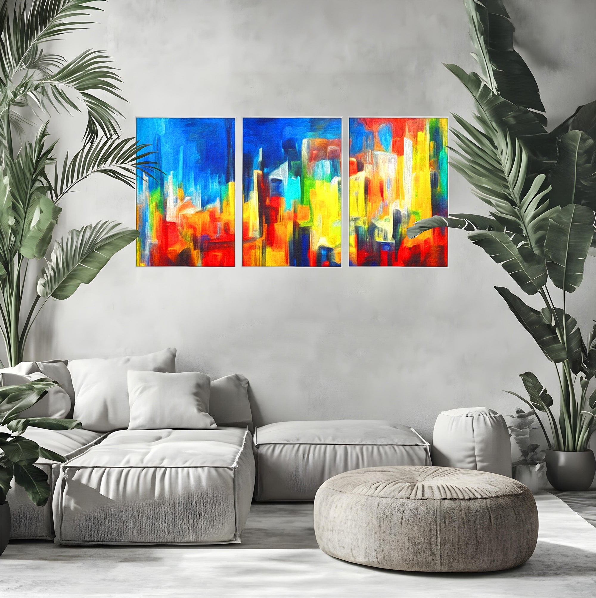 Set 3 Tablouri Canvas Premium LuxCanva® C3-1098, Downtown Painting Abstract, Buildings, Abstract, Living Room, Bedroom, Relaxare, Culori Vibrante