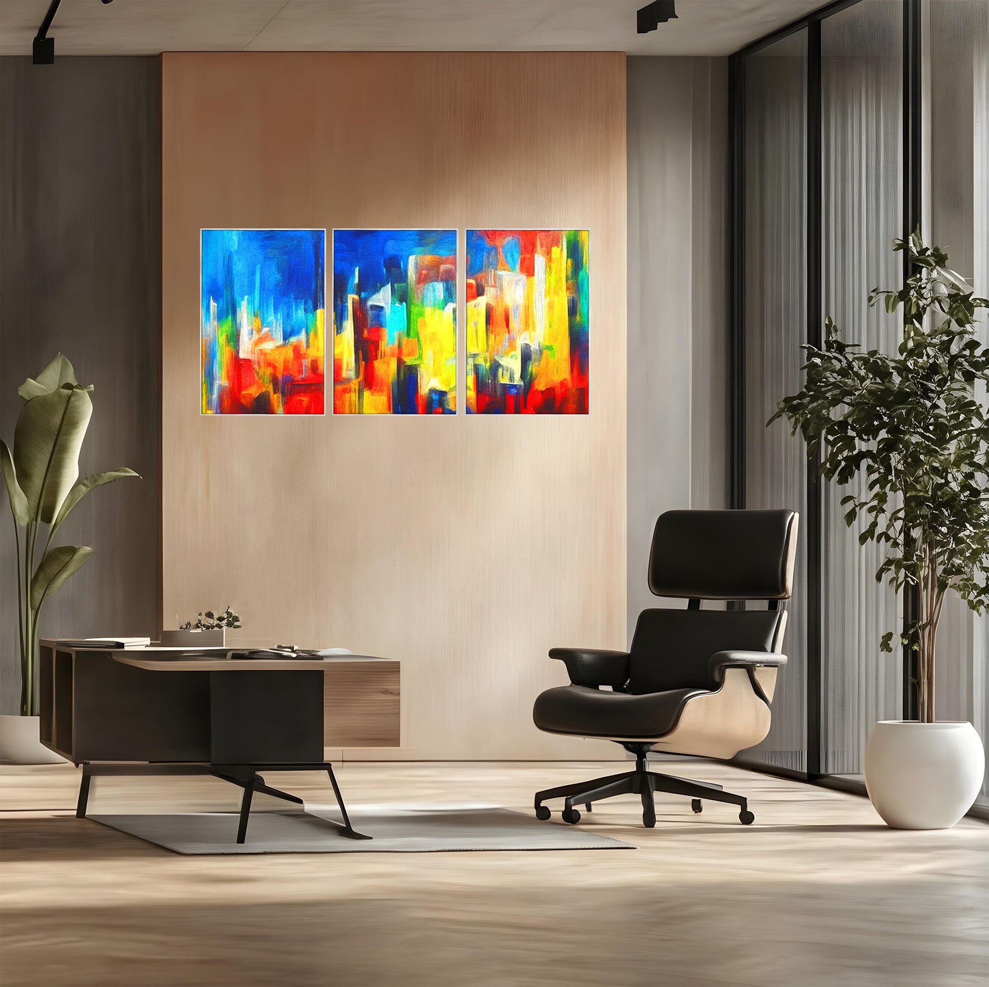 Set 3 Tablouri Canvas Premium LuxCanva® C3-1098, Downtown Painting Abstract, Buildings, Abstract, Living Room, Bedroom, Relaxare, Culori Vibrante
