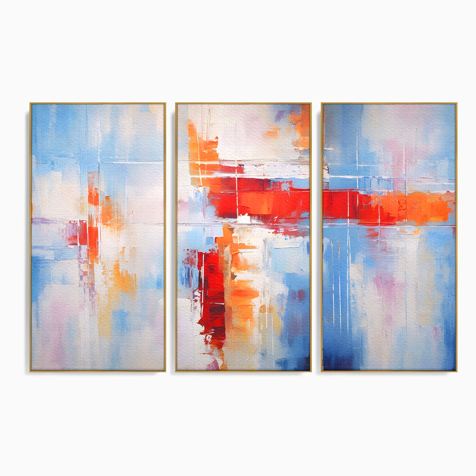 Set 3 Tablouri Canvas Premium LuxCanva® C3-1200, Abstract Blue And Red Painting, Relaxare, Living Room, Culori Vibrante
