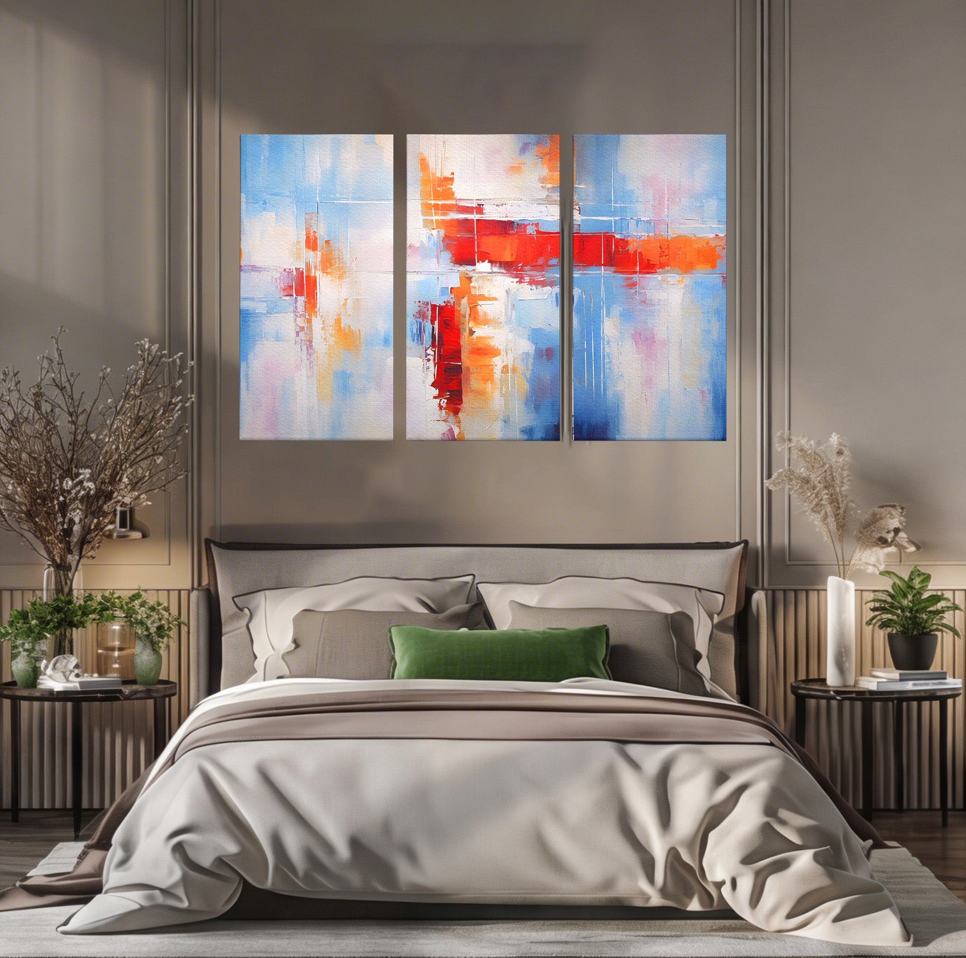 Set 3 Tablouri Canvas Premium LuxCanva® C3-1200, Abstract Blue And Red Painting, Relaxare, Living Room, Culori Vibrante