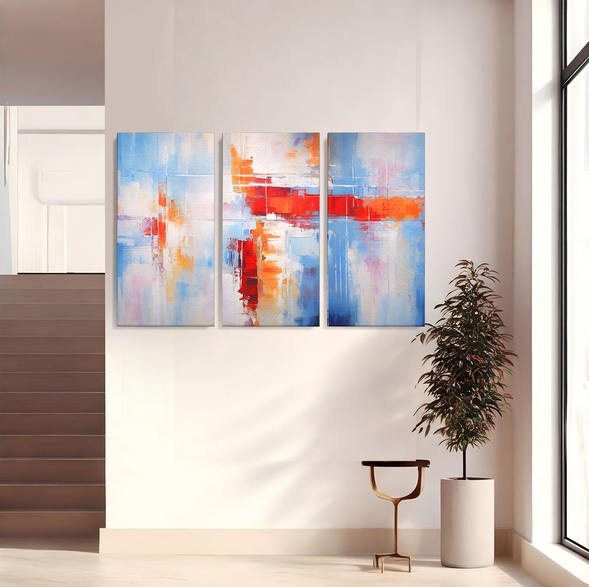 Set 3 Tablouri Canvas Premium LuxCanva® C3-1200, Abstract Blue And Red Painting, Relaxare, Living Room, Culori Vibrante