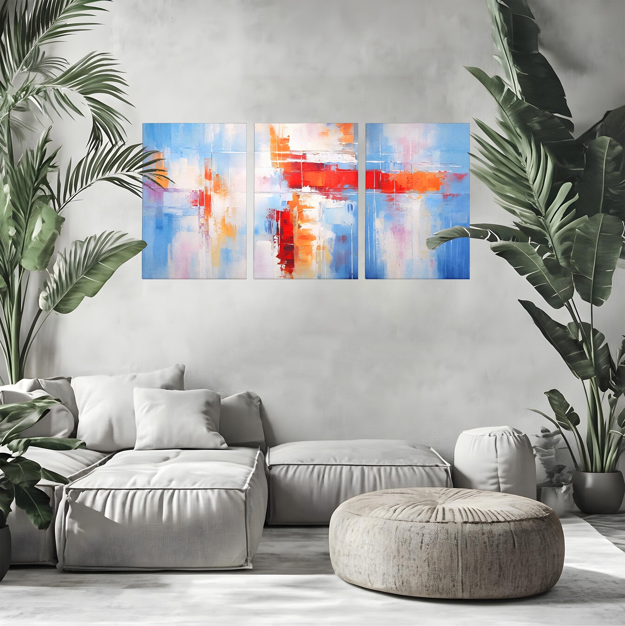 Set 3 Tablouri Canvas Premium LuxCanva® C3-1200, Abstract Blue And Red Painting, Relaxare, Living Room, Culori Vibrante