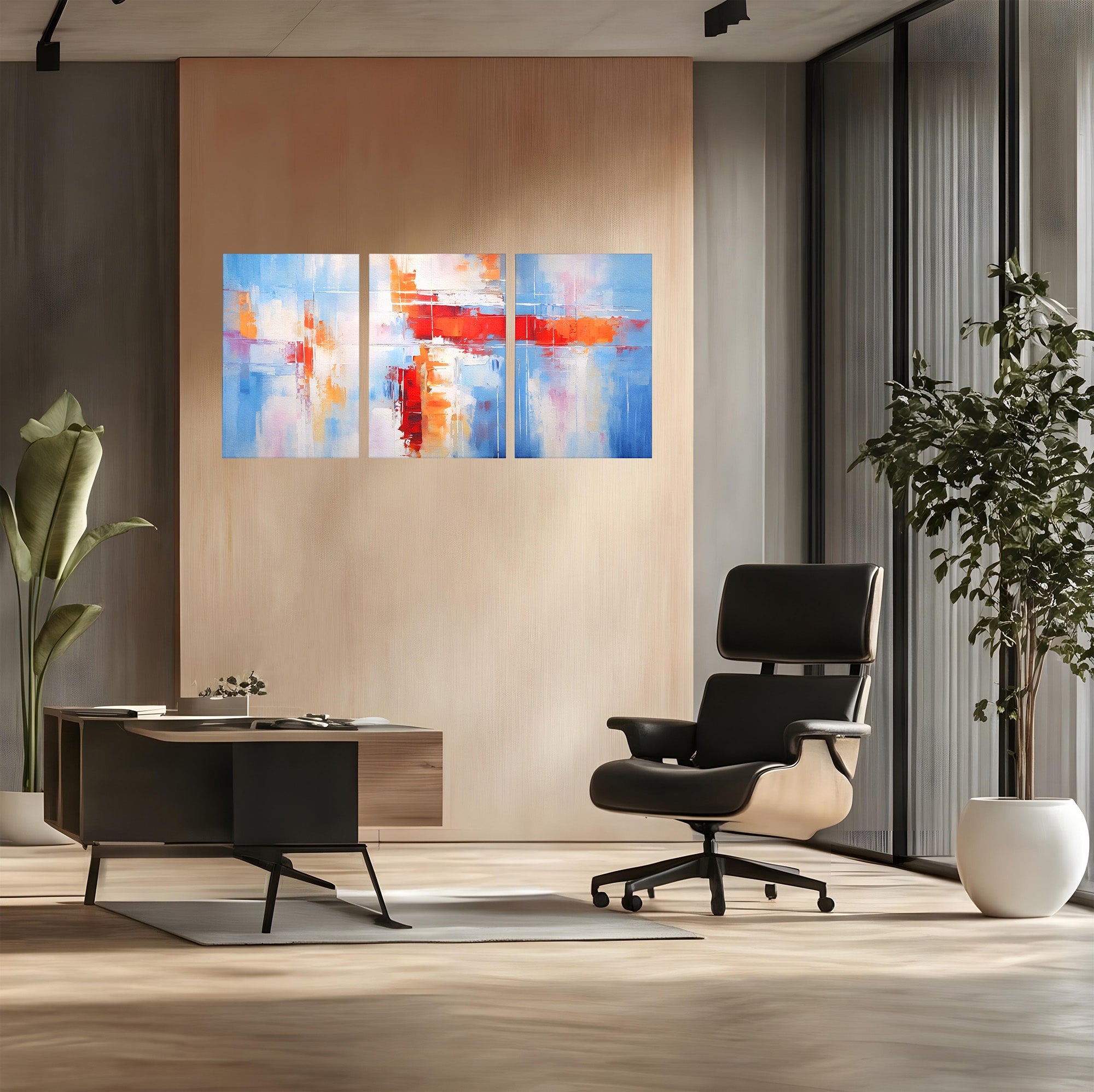 Set 3 Tablouri Canvas Premium LuxCanva® C3-1200, Abstract Blue And Red Painting, Relaxare, Living Room, Culori Vibrante