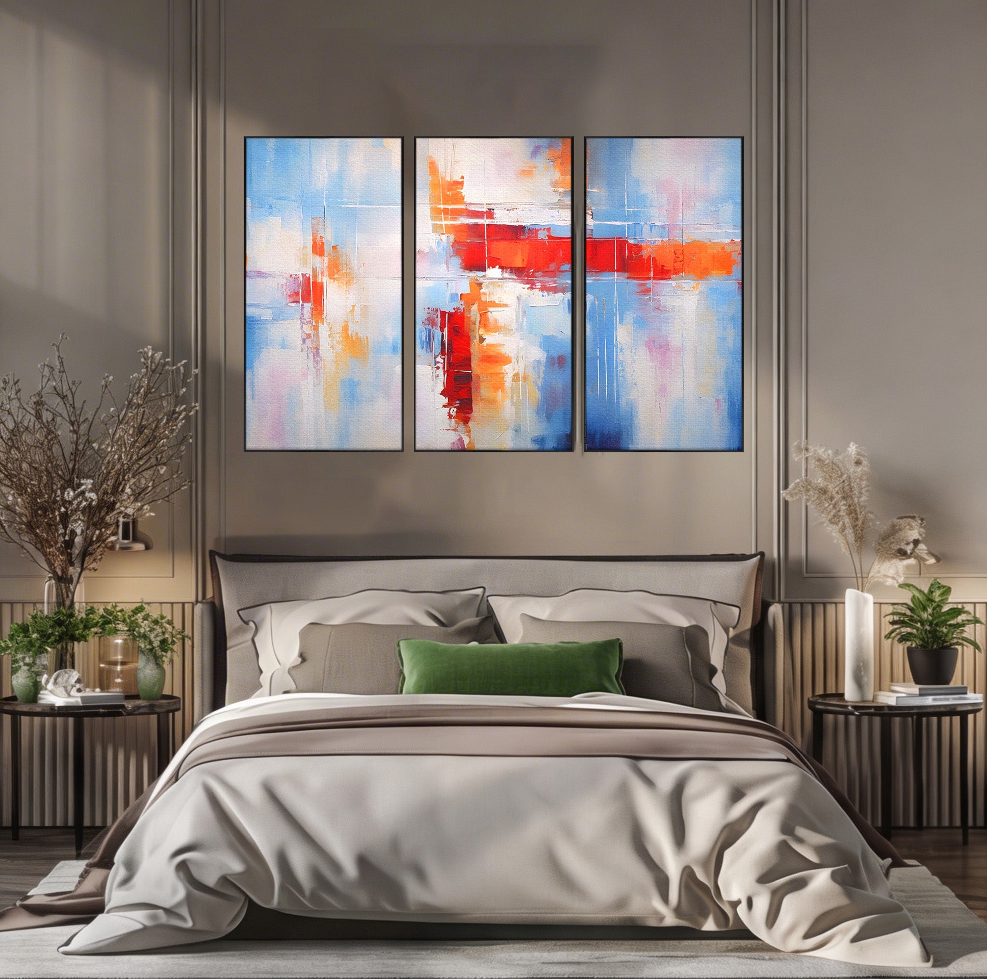 Set 3 Tablouri Canvas Premium LuxCanva® C3-1200, Abstract Blue And Red Painting, Relaxare, Living Room, Culori Vibrante