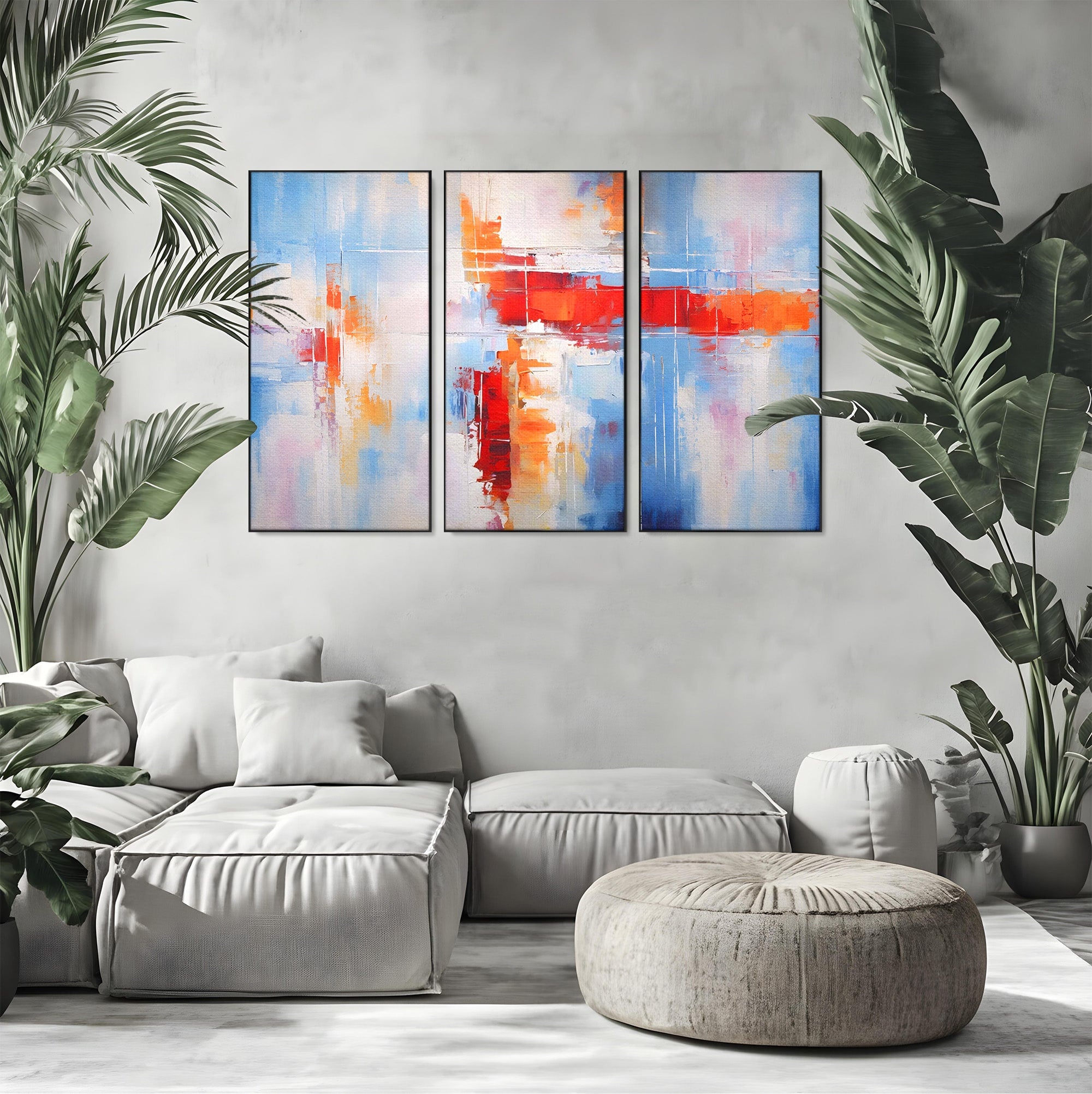 Set 3 Tablouri Canvas Premium LuxCanva® C3-1200, Abstract Blue And Red Painting, Relaxare, Living Room, Culori Vibrante