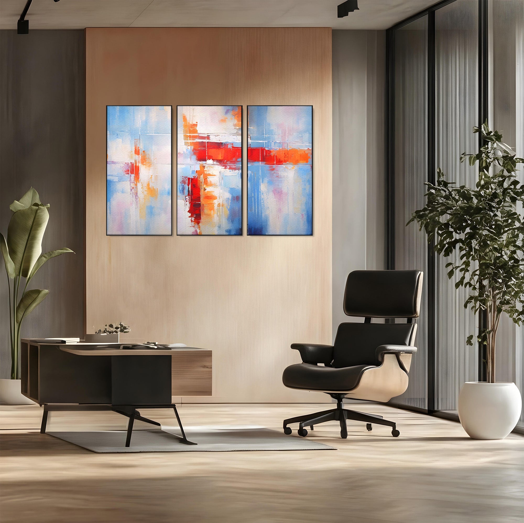 Set 3 Tablouri Canvas Premium LuxCanva® C3-1200, Abstract Blue And Red Painting, Relaxare, Living Room, Culori Vibrante