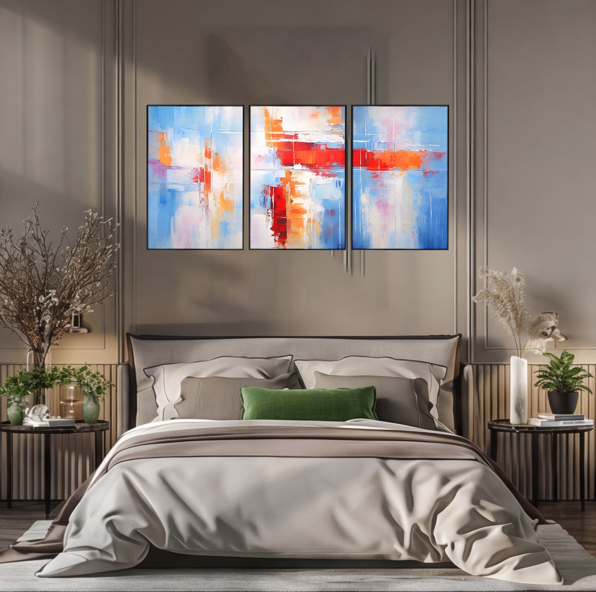 Set 3 Tablouri Canvas Premium LuxCanva® C3-1200, Abstract Blue And Red Painting, Relaxare, Living Room, Culori Vibrante