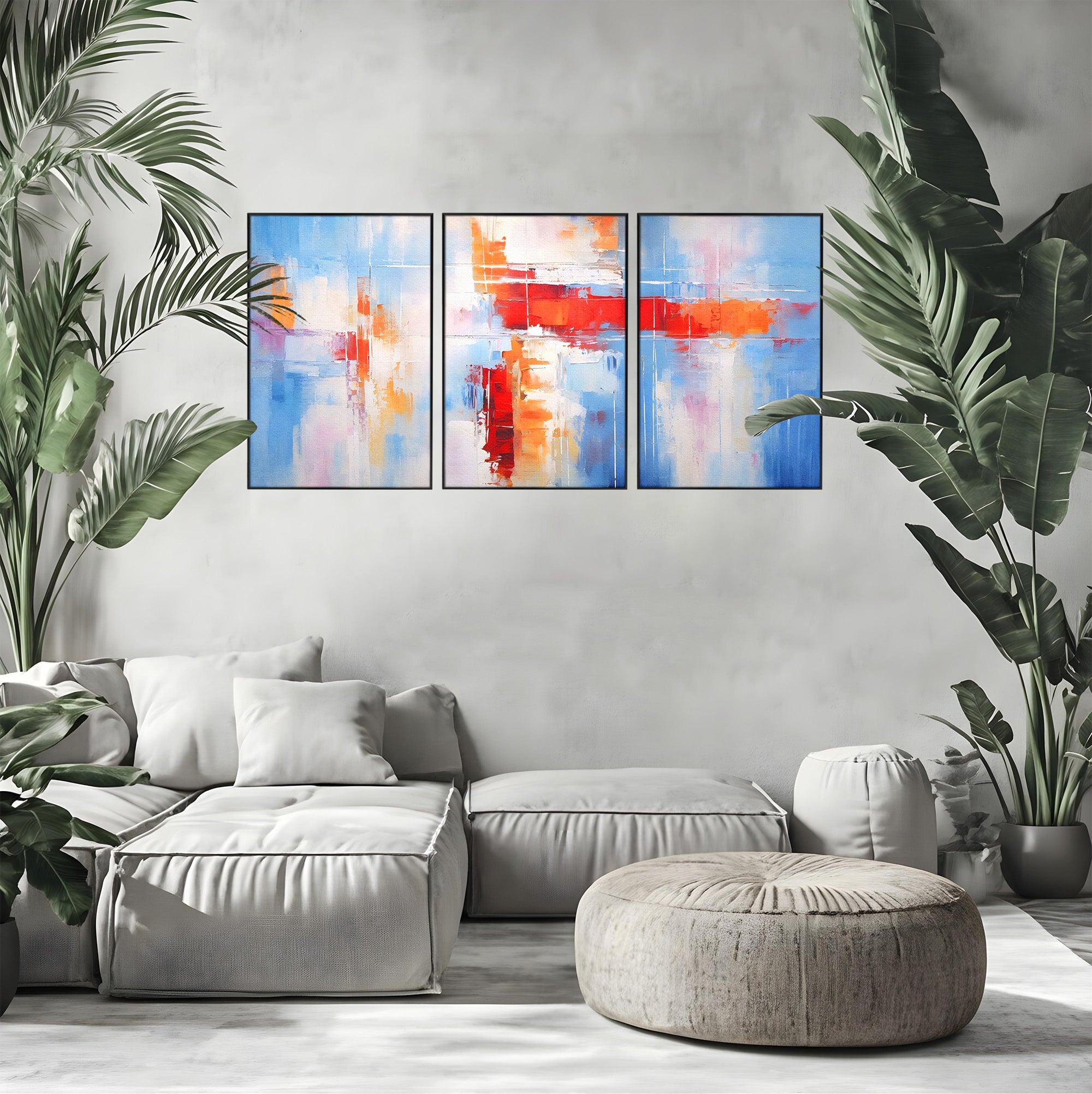 Set 3 Tablouri Canvas Premium LuxCanva® C3-1200, Abstract Blue And Red Painting, Relaxare, Living Room, Culori Vibrante