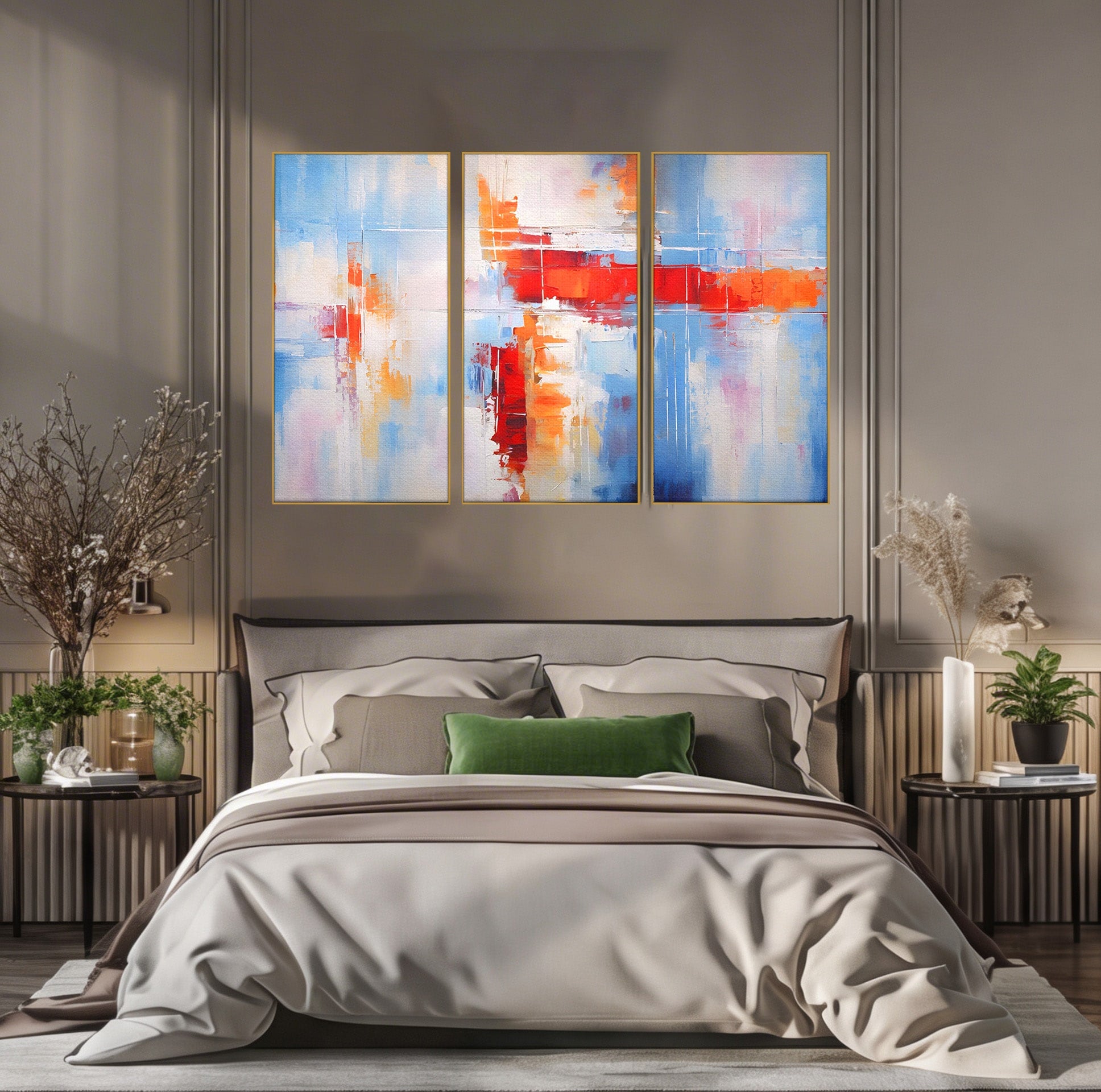 Set 3 Tablouri Canvas Premium LuxCanva® C3-1200, Abstract Blue And Red Painting, Relaxare, Living Room, Culori Vibrante