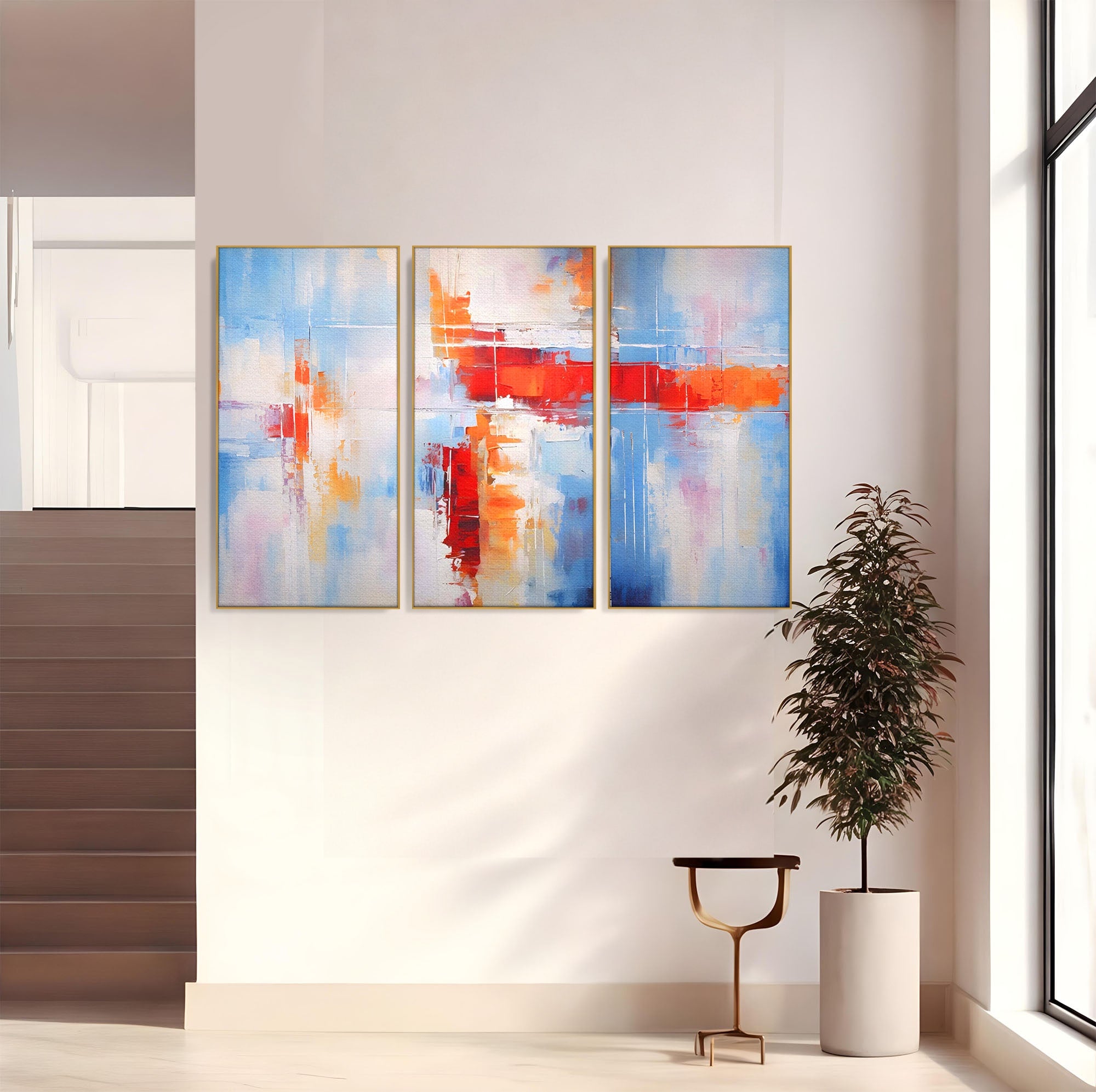 Set 3 Tablouri Canvas Premium LuxCanva® C3-1200, Abstract Blue And Red Painting, Relaxare, Living Room, Culori Vibrante