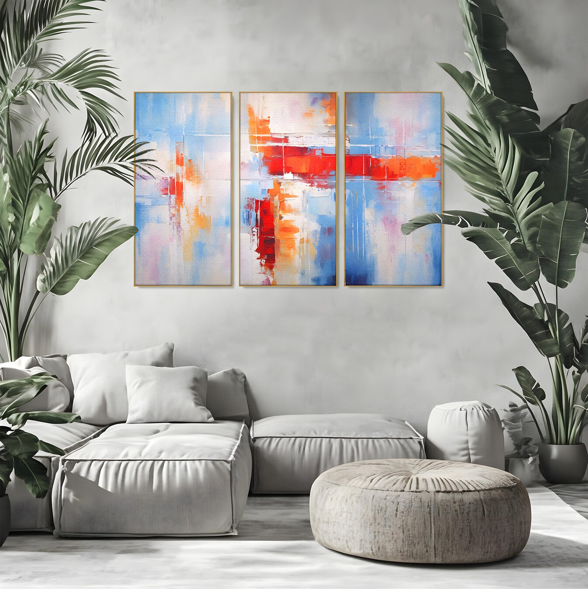 Set 3 Tablouri Canvas Premium LuxCanva® C3-1200, Abstract Blue And Red Painting, Relaxare, Living Room, Culori Vibrante
