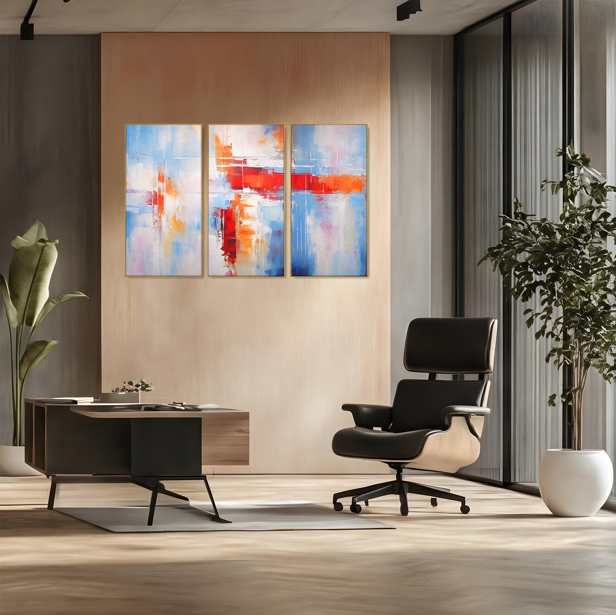 Set 3 Tablouri Canvas Premium LuxCanva® C3-1200, Abstract Blue And Red Painting, Relaxare, Living Room, Culori Vibrante