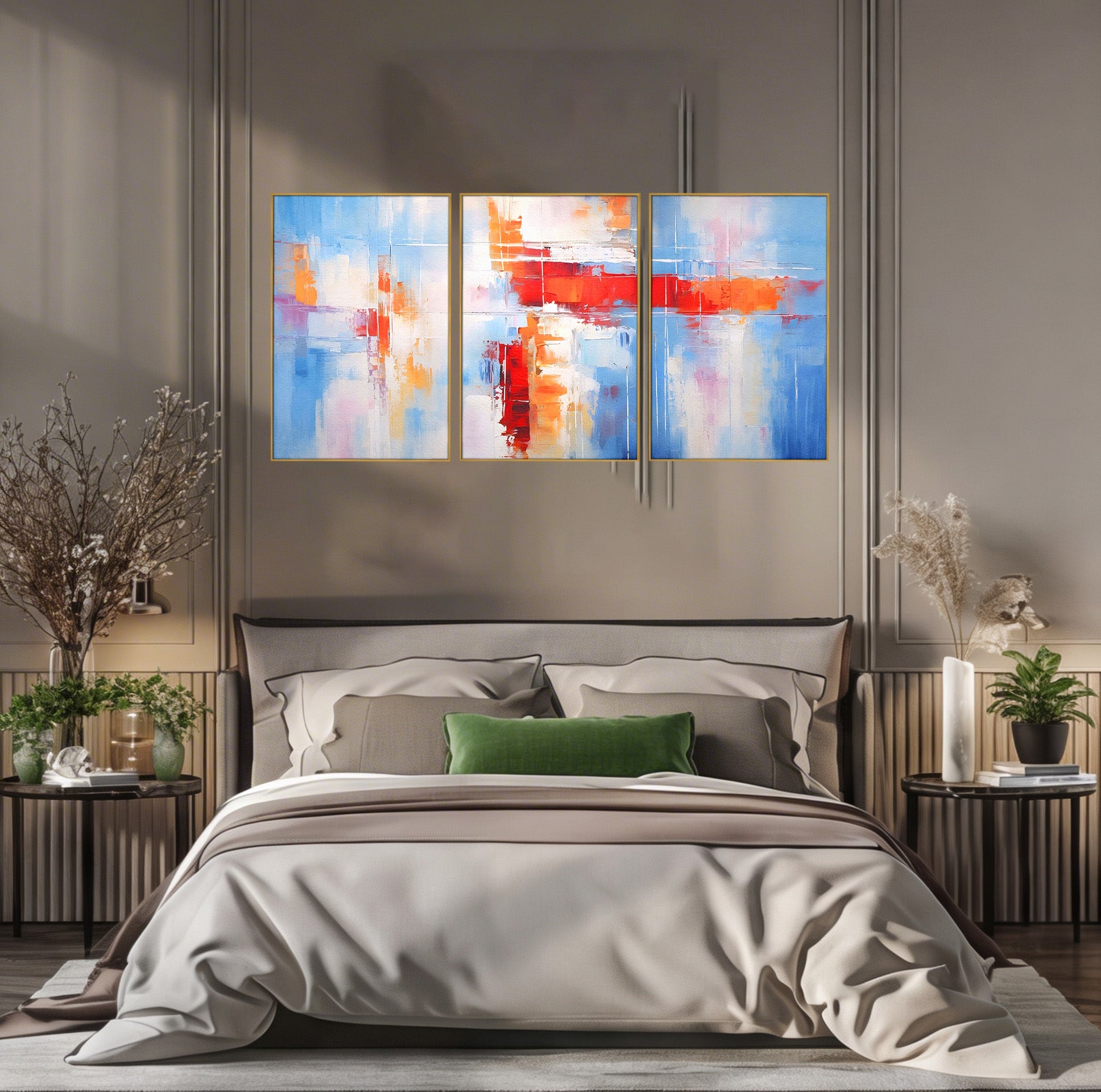 Set 3 Tablouri Canvas Premium LuxCanva® C3-1200, Abstract Blue And Red Painting, Relaxare, Living Room, Culori Vibrante