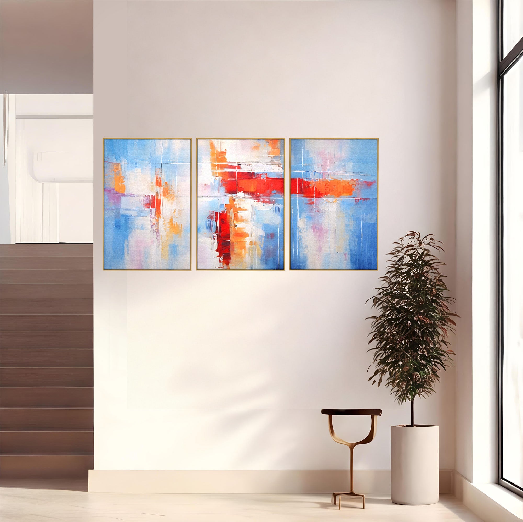 Set 3 Tablouri Canvas Premium LuxCanva® C3-1200, Abstract Blue And Red Painting, Relaxare, Living Room, Culori Vibrante