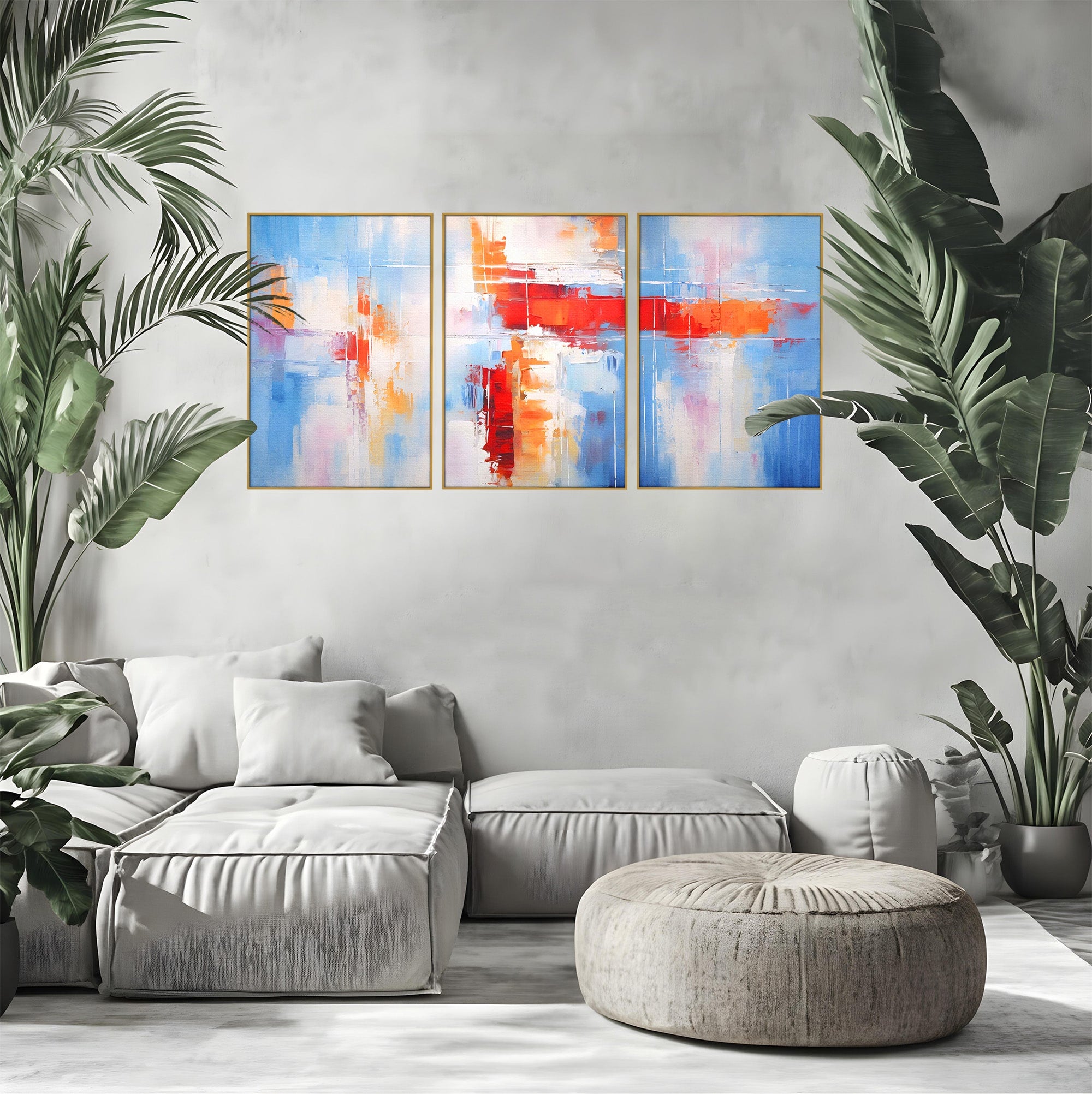 Set 3 Tablouri Canvas Premium LuxCanva® C3-1200, Abstract Blue And Red Painting, Relaxare, Living Room, Culori Vibrante
