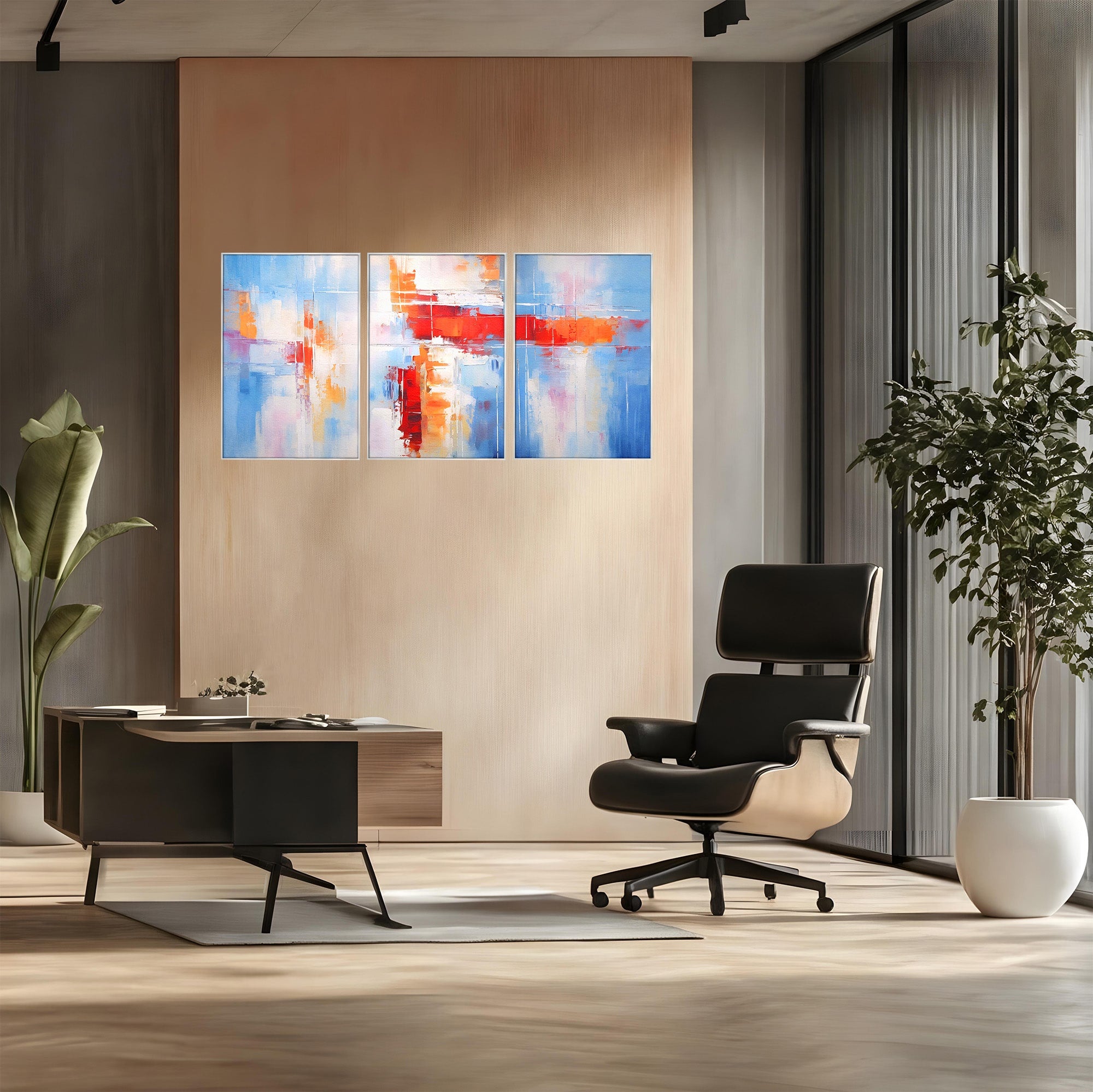 Set 3 Tablouri Canvas Premium LuxCanva® C3-1200, Abstract Blue And Red Painting, Relaxare, Living Room, Culori Vibrante