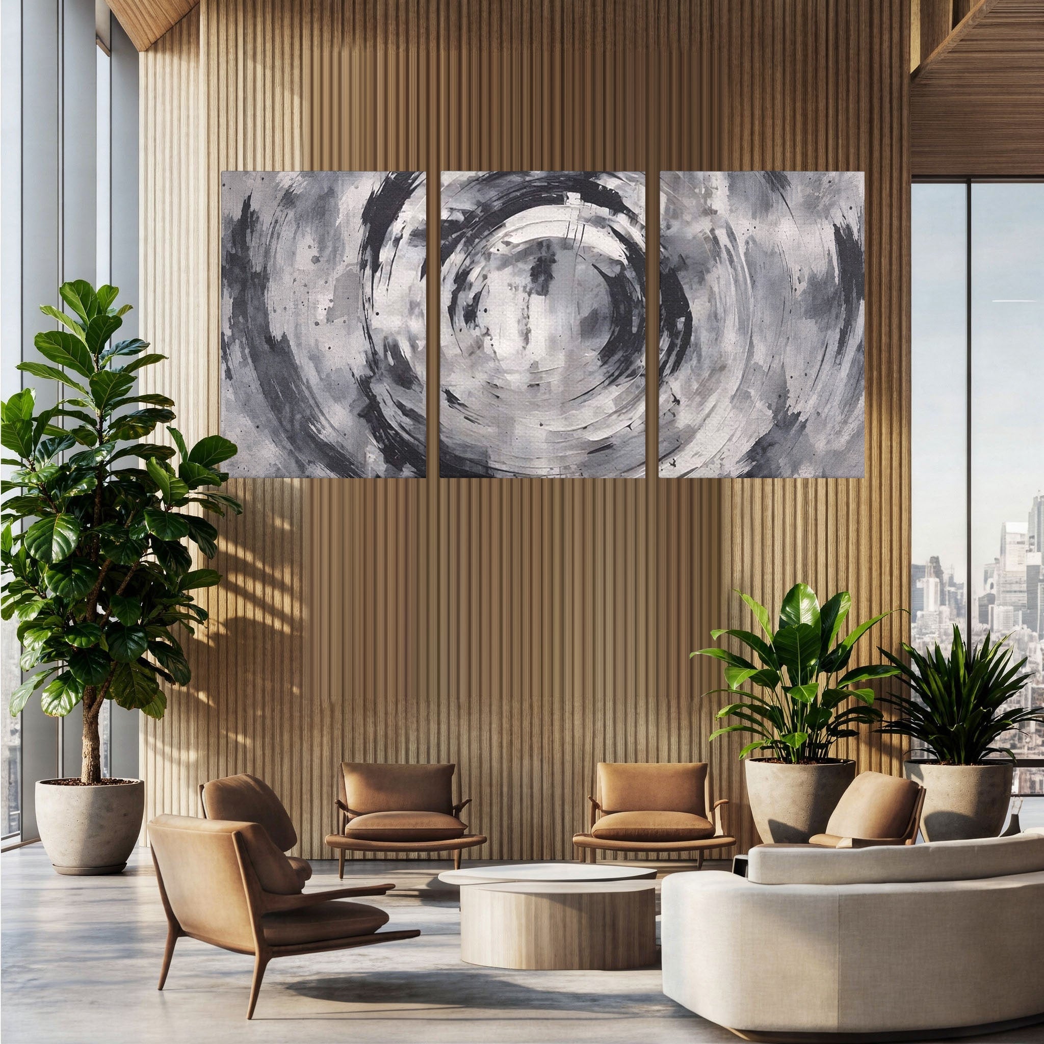 Set 3 Tablouri Canvas Premium LuxCanva® C3-1217, Abstract Round Paint, Culori, Decorativ, Living Room, Culori Vibrante