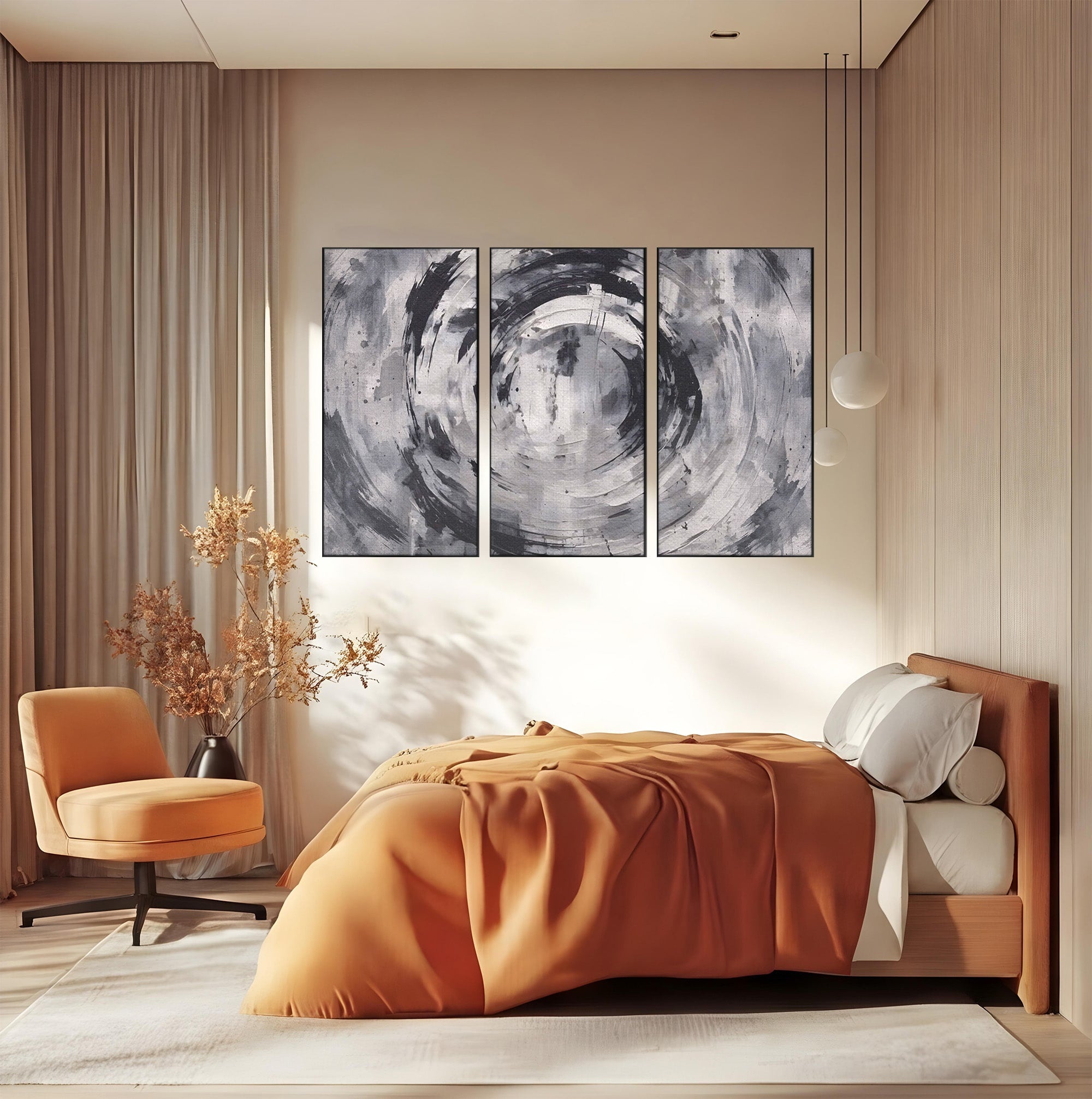 Set 3 Tablouri Canvas Premium LuxCanva® C3-1217, Abstract Round Paint, Culori, Decorativ, Living Room, Culori Vibrante
