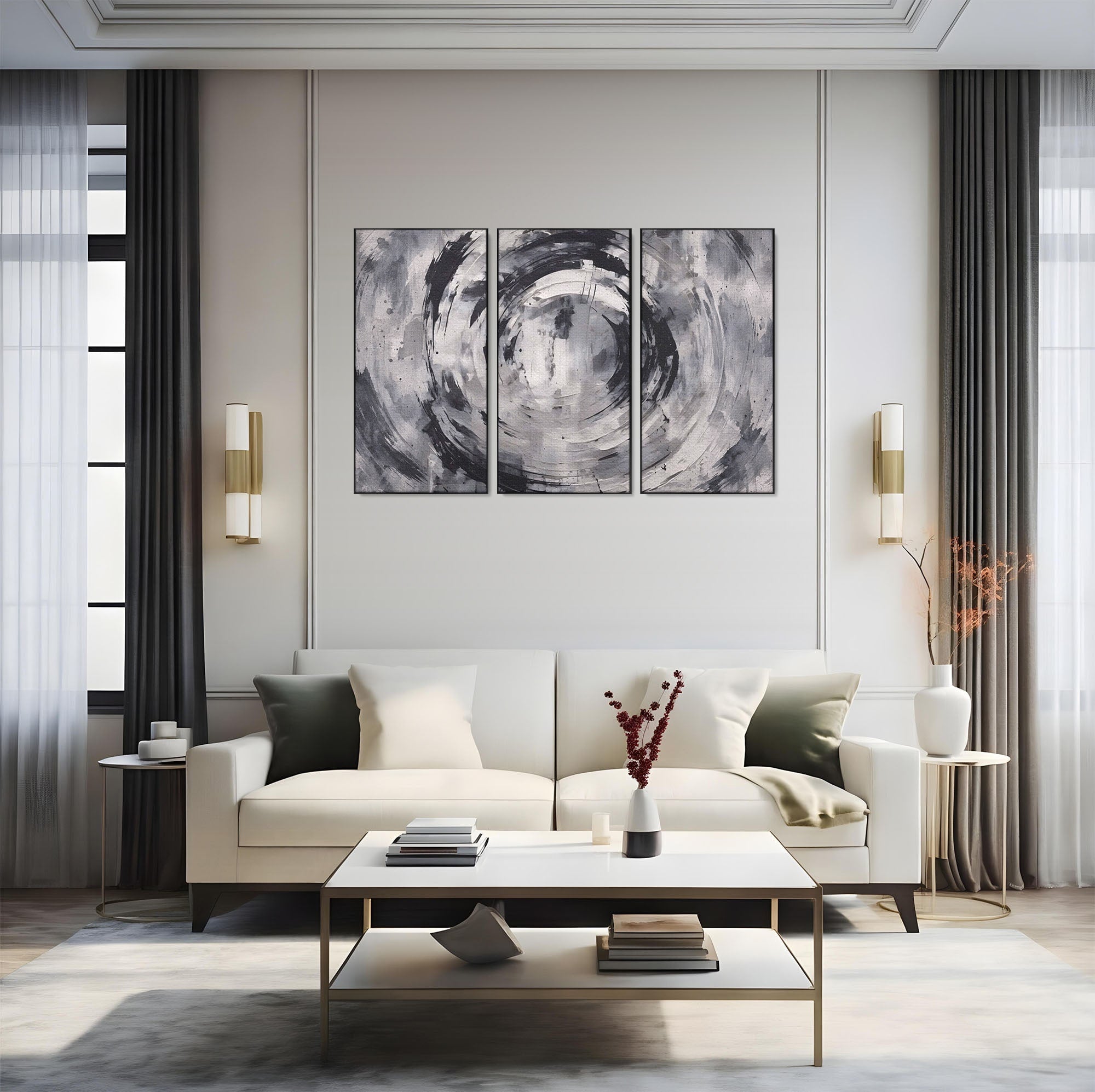 Set 3 Tablouri Canvas Premium LuxCanva® C3-1217, Abstract Round Paint, Culori, Decorativ, Living Room, Culori Vibrante