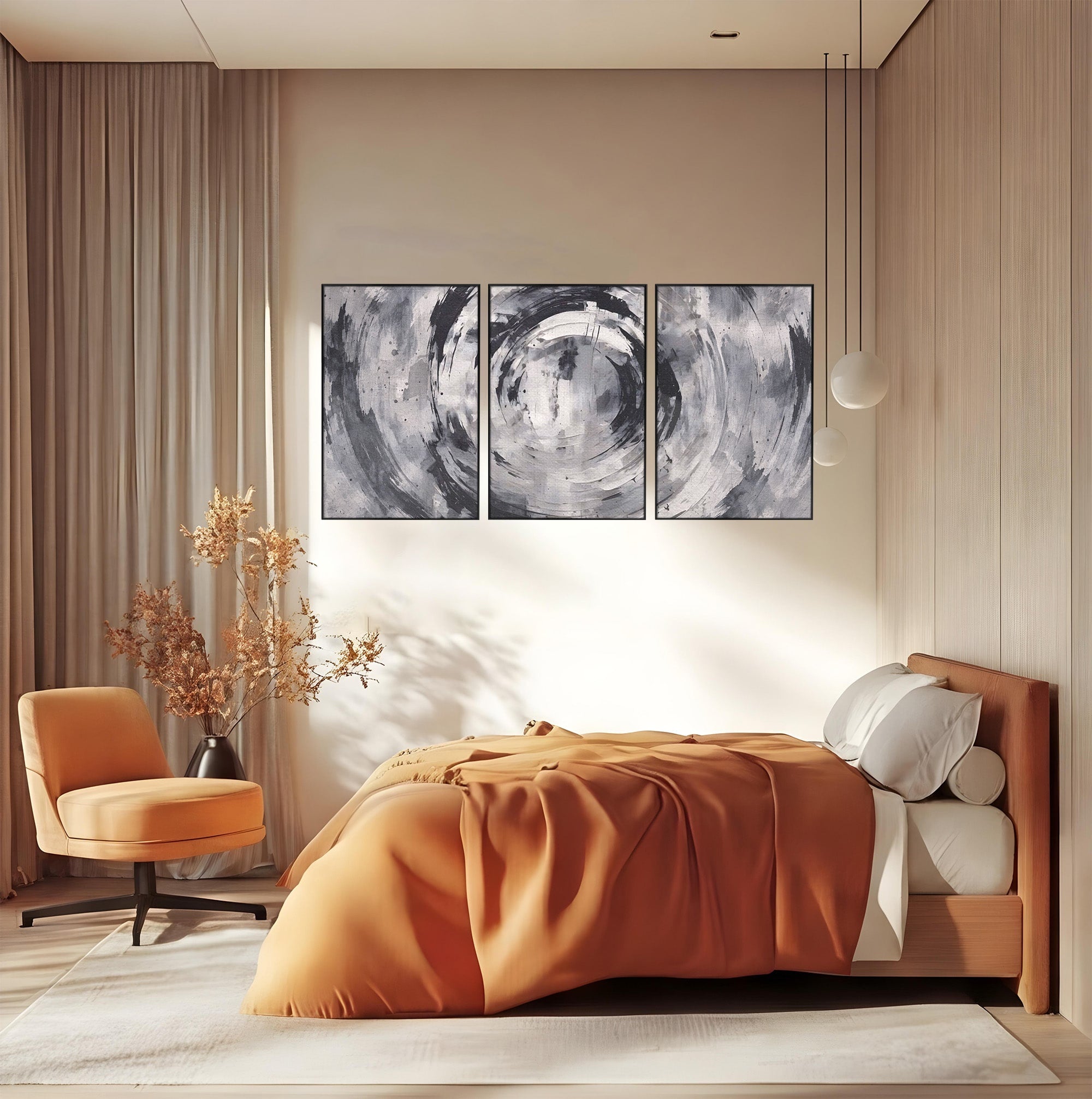 Set 3 Tablouri Canvas Premium LuxCanva® C3-1217, Abstract Round Paint, Culori, Decorativ, Living Room, Culori Vibrante
