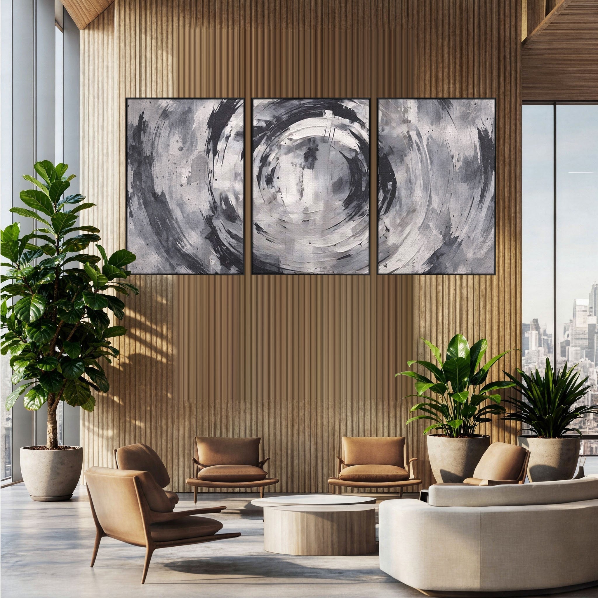 Set 3 Tablouri Canvas Premium LuxCanva® C3-1217, Abstract Round Paint, Culori, Decorativ, Living Room, Culori Vibrante