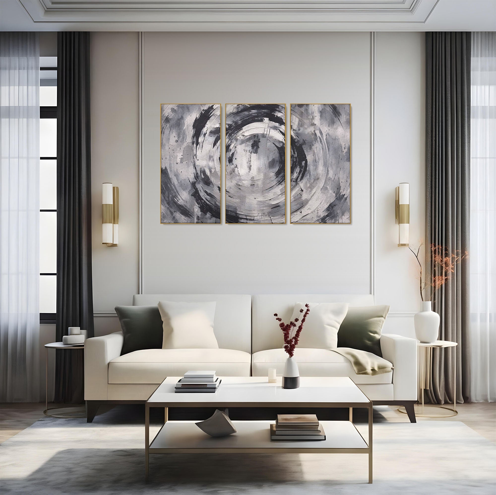 Set 3 Tablouri Canvas Premium LuxCanva® C3-1217, Abstract Round Paint, Culori, Decorativ, Living Room, Culori Vibrante