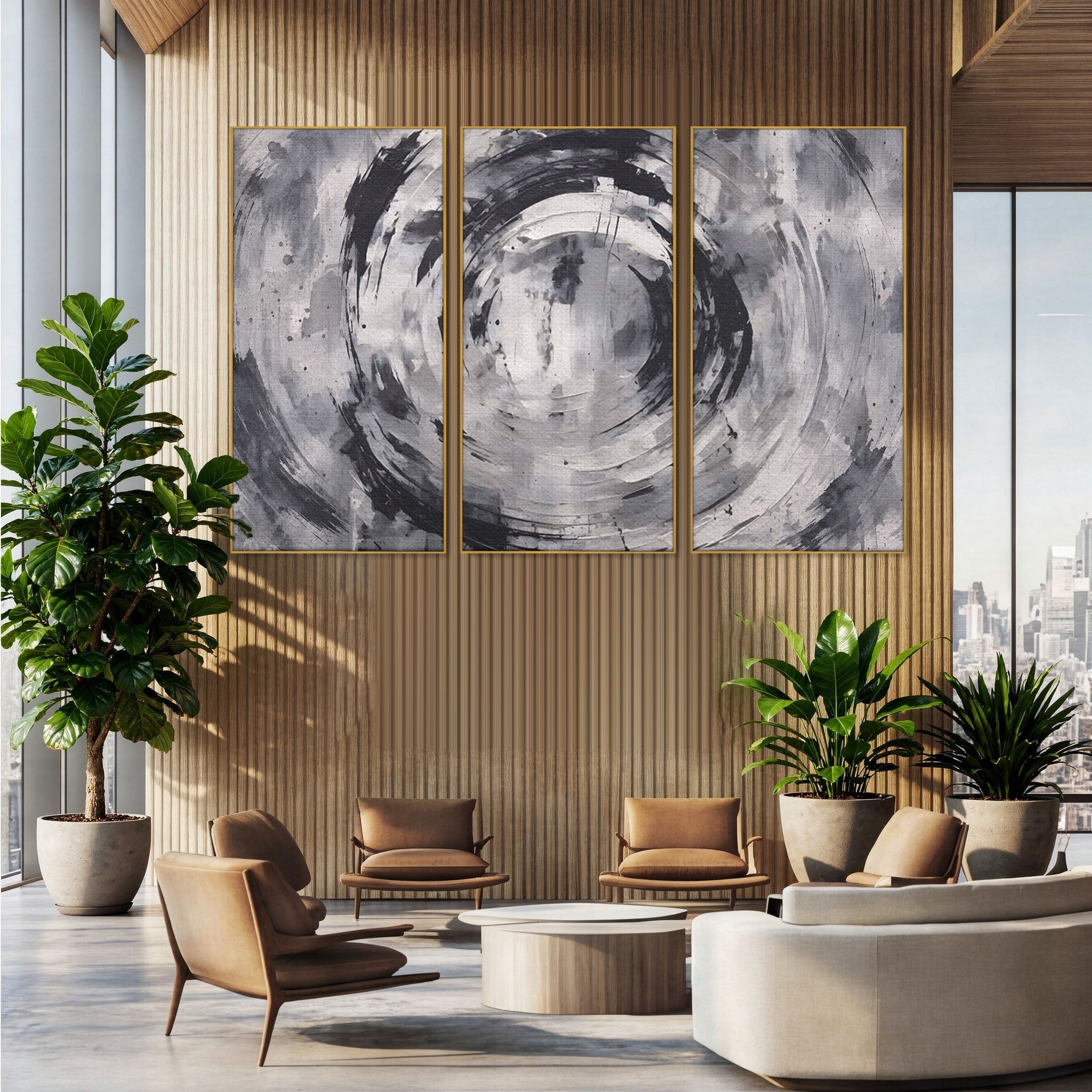 Set 3 Tablouri Canvas Premium LuxCanva® C3-1217, Abstract Round Paint, Culori, Decorativ, Living Room, Culori Vibrante