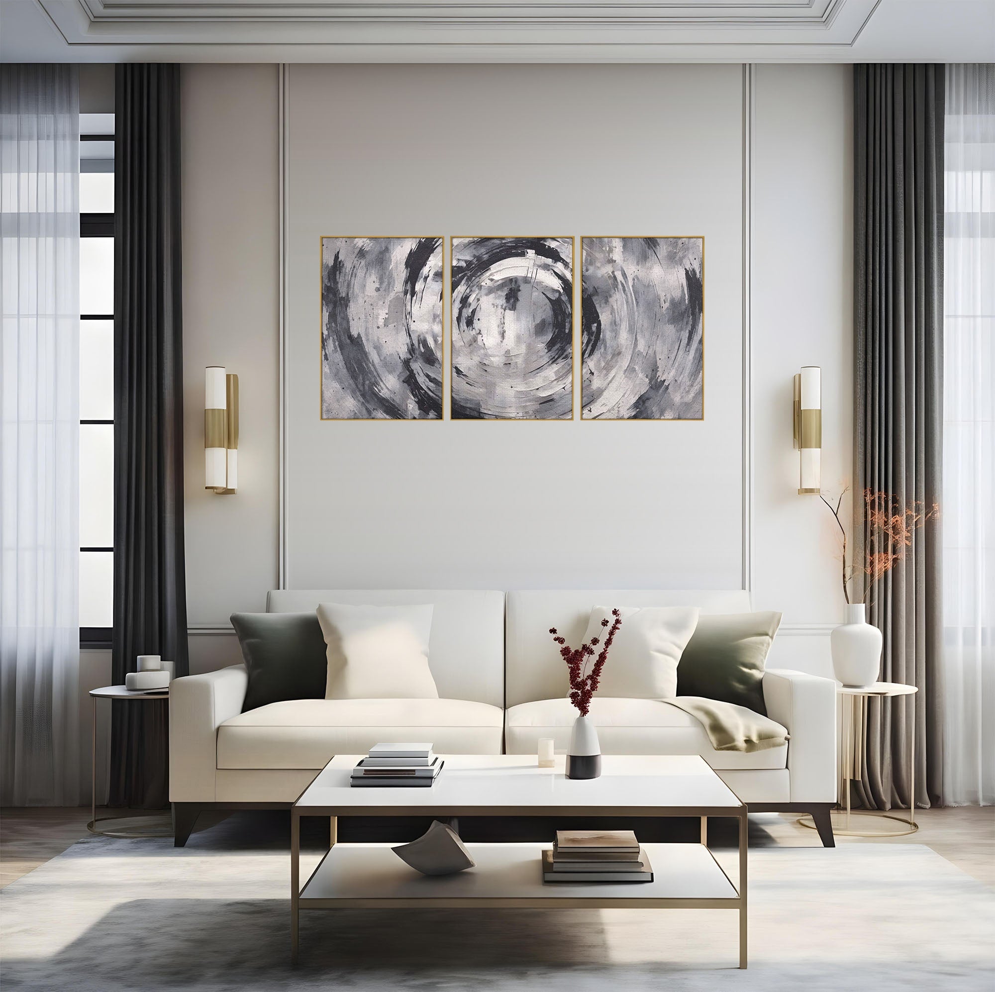 Set 3 Tablouri Canvas Premium LuxCanva® C3-1217, Abstract Round Paint, Culori, Decorativ, Living Room, Culori Vibrante