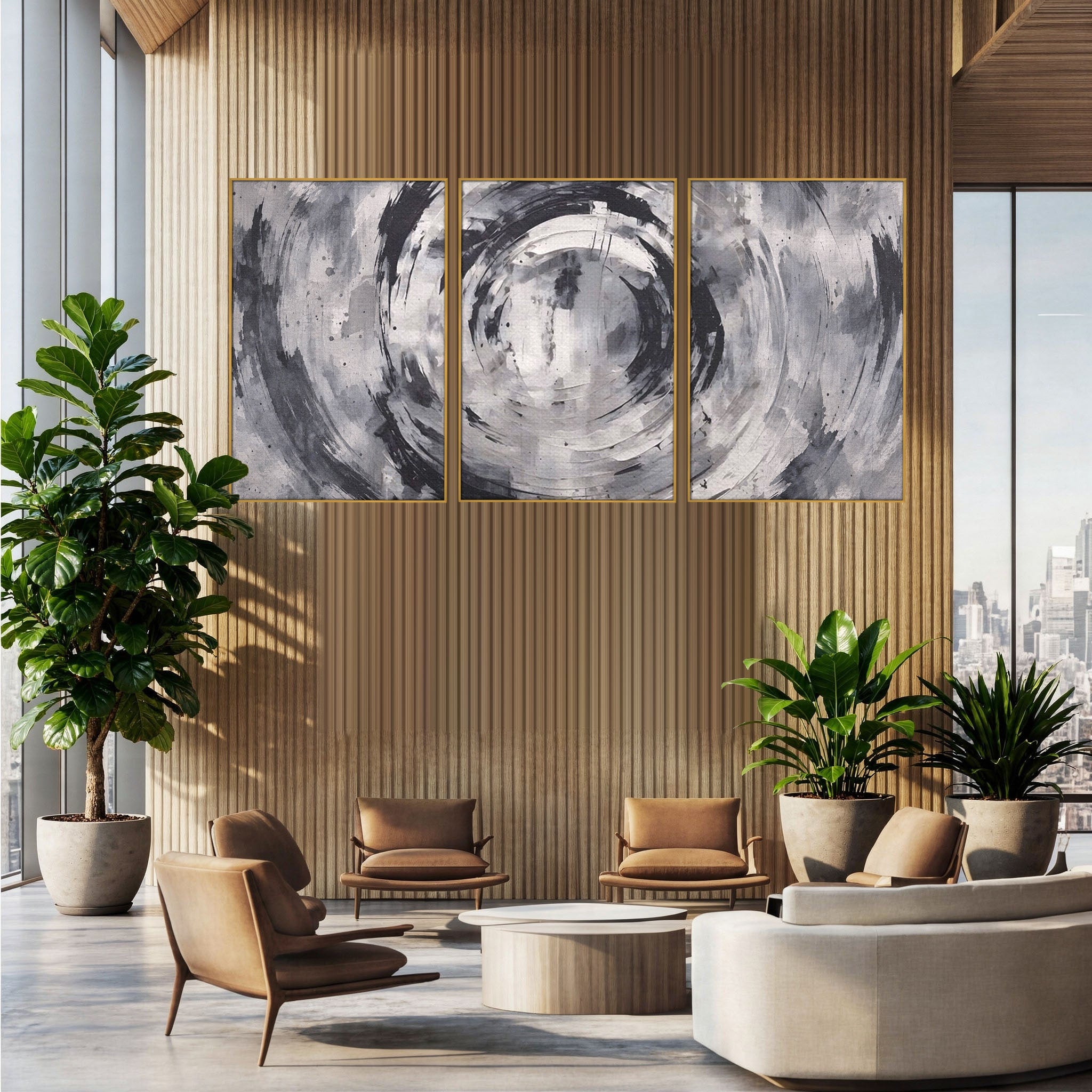 Set 3 Tablouri Canvas Premium LuxCanva® C3-1217, Abstract Round Paint, Culori, Decorativ, Living Room, Culori Vibrante